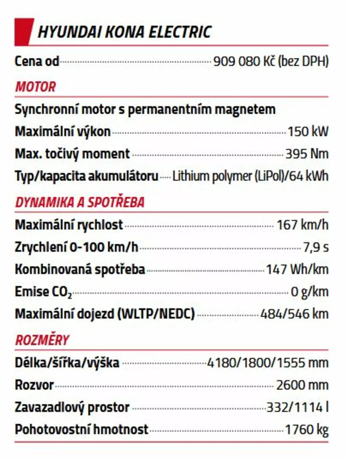 Scheda tecnica Hyundai Kona Elettrica 2021 in ceco con dettagli su prezzo, specifiche motore, dinamiche, consumo, dimensioni e informazioni tecniche
