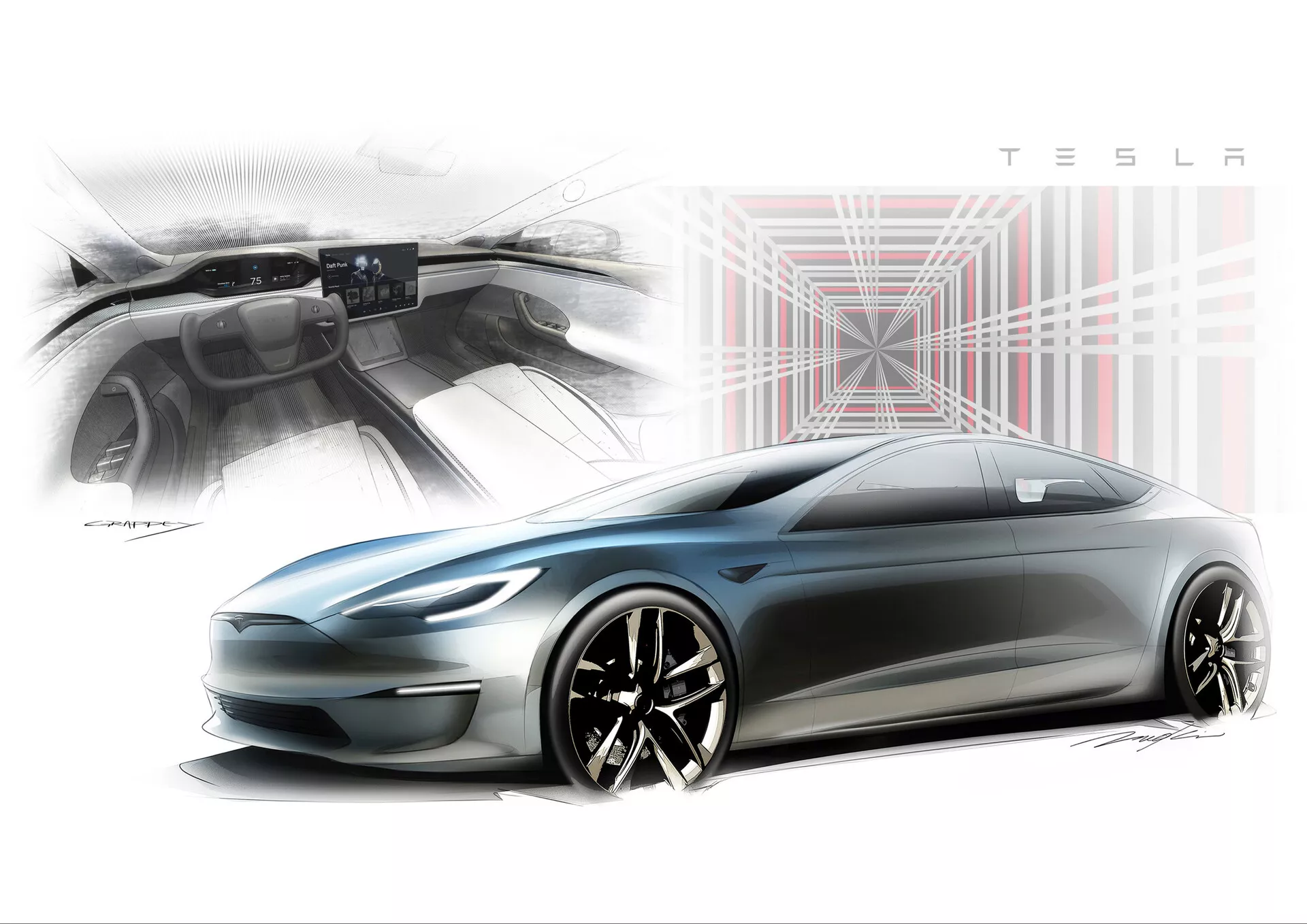 Rendering stilizzato della Tesla Model S 2016 (prima generazione, facelift) visto da una prospettiva laterale a basso angolo. Si evidenzia il profilo aerodinamico e la silhouette elegante e affusolata con una linea del tetto bassa, caratterizzata da una griglia liscia e chiusa, fari sottili e cerchi in lega multirazze con cerchi neri e dettagli argentati. Un riquadro nell'angolo in alto a sinistra mostra un cruscotto minimalista con un grande display touchscreen, enfatizzando un interno moderno e orientato alla tecnologia. Lo sfondo include un motivo grafico indicativo della connettività digitale, mentre il logo TESLA è mostrato in modo prominente nell'angolo in alto a destra, sottolineando il design innovativo e futuristico del marchio.