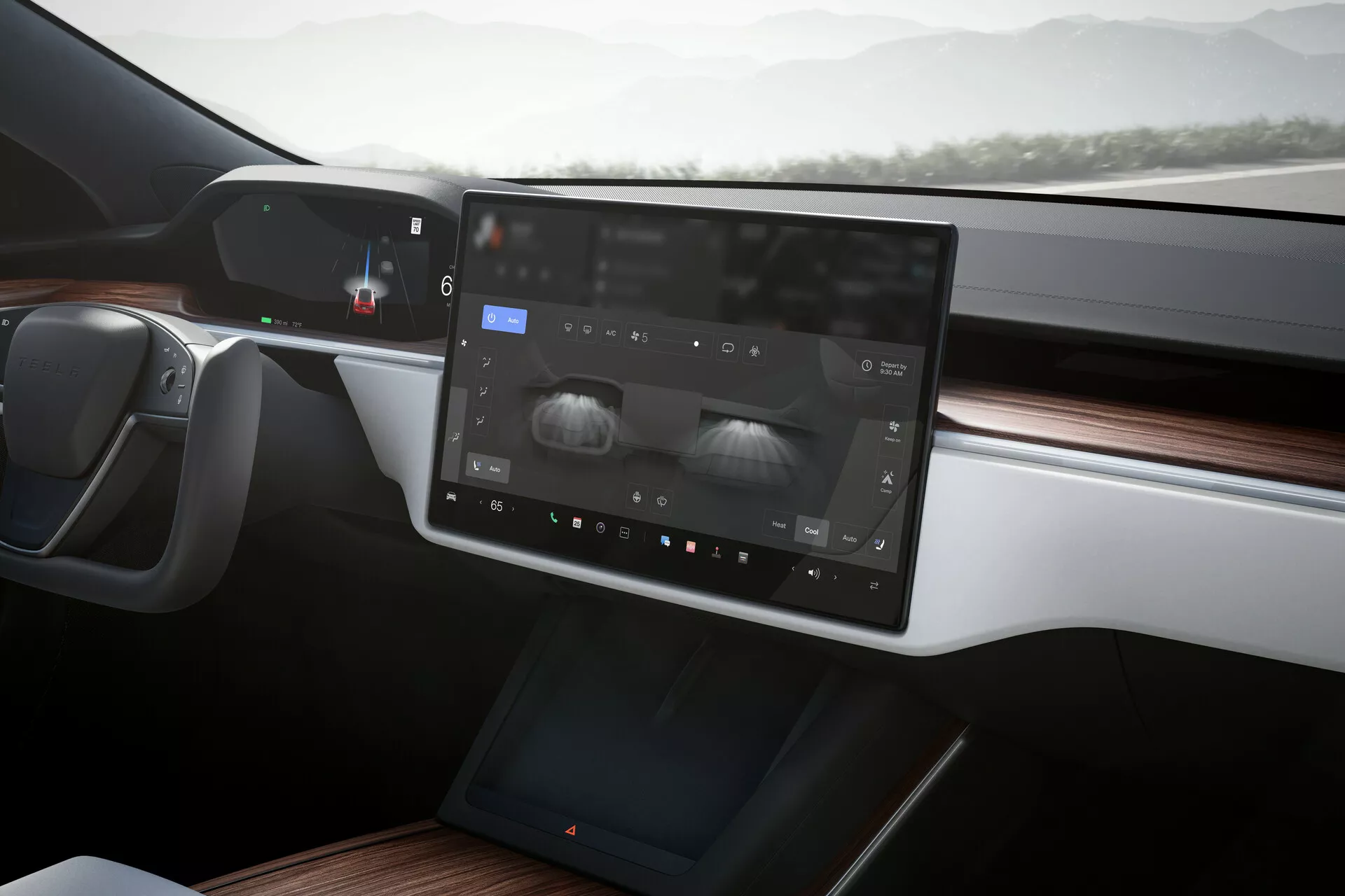 Vista interna di una Tesla Model S 2016 (restyling della prima generazione) focalizzata sulla console centrale e sul cruscotto del conducente. Le caratteristiche principali includono un ampio sistema di infotainment touchscreen, il quadro strumenti digitale, il volante di design moderno, i pannelli in legno, l'illuminazione ambientale e un design minimalista ed elegante senza prese d'aria tradizionali.