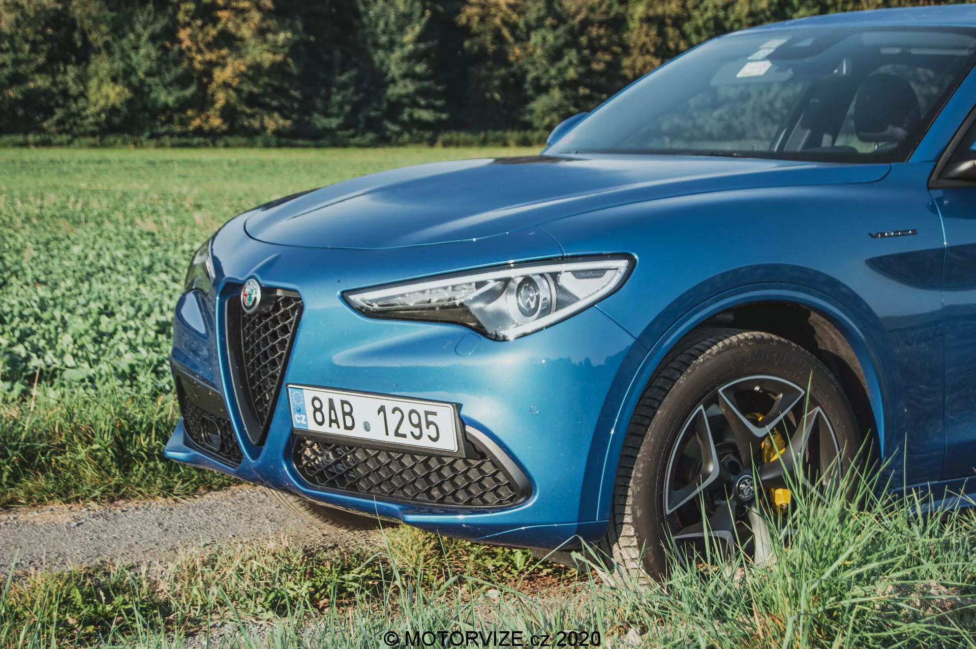 Una Alfa Romeo Stelvio blu del 2017 vista da un angolo frontale-basso a tre quarti, che mette in risalto il lato anteriore sinistro, compreso il faro a LED moderno, la grande griglia triangolare intricata, il cofano aerodinamicamente sagomato e parte della ruota in lega multirazza con pinze freno ad alte prestazioni gialle. L'auto è ferma su una banchina d'erba accanto a una superficie asfaltata, con una profondità di campo ridotta che sfoca lo sfondo di vegetazione, enfatizzando i dettagli nitidi del design e le caratteristiche sportive dell'auto.