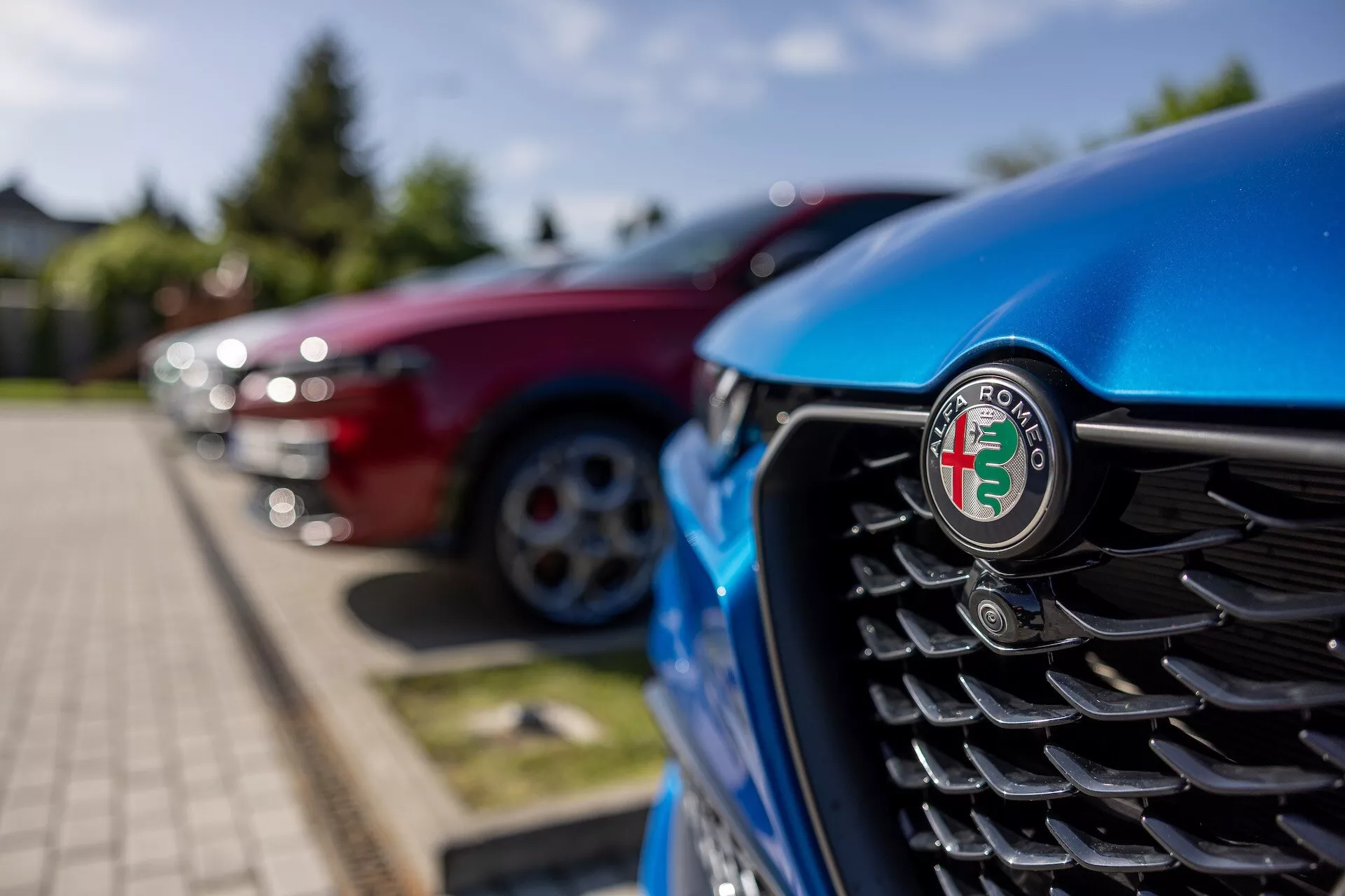 Vista ravvicinata della griglia anteriore dell'Alfa Romeo Tonale 2022 blu con focus sull'emblema, caratterizzata da listelli verticali e sfondo sfocato di altri veicoli