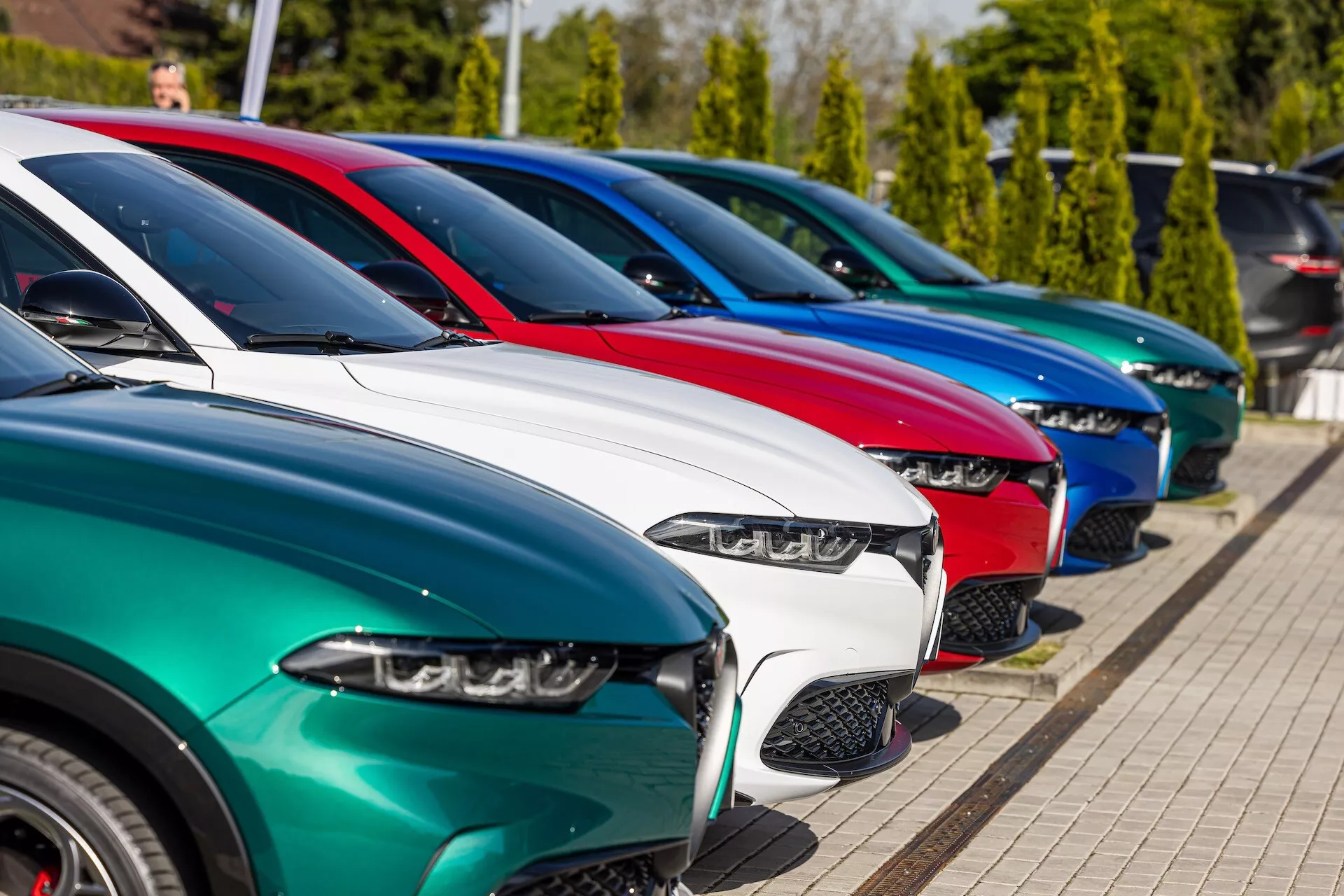 Fila di modelli Alfa Romeo Tonale 2022 parcheggiati in diagonale che mostrano la vista frontale tre quarti evidenziando fari LED, design della griglia variati, finiture di vernice lucida e ruote in lega sotto la luce solare brillante con sfondo di vegetazione