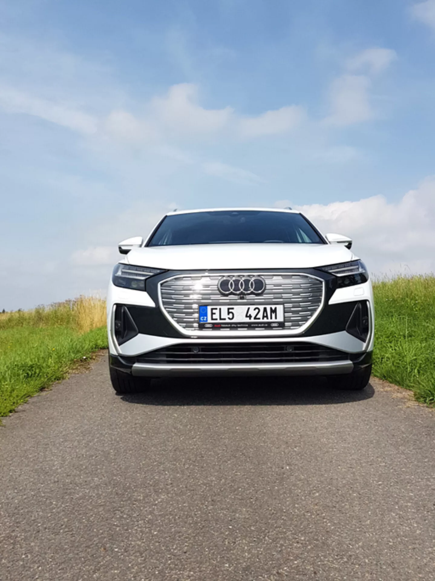 Veduta frontale centrata dell'Audi Q4 e-tron 2021 che mostra una grande griglia esagonale con emblema Audi, fari LED, targa europea, possibili sensori ADAS, prese d'aria, vernice metallica e finiture cromate sotto un cielo parzialmente nuvoloso su una strada d'asfalto con lati erbosi.