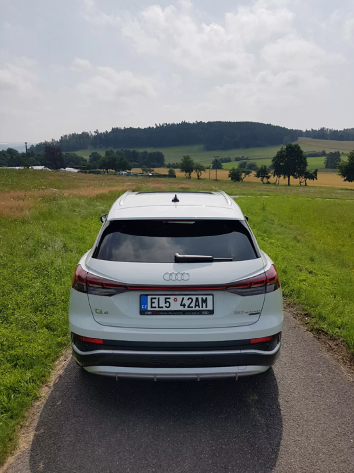Vista posteriore di un Audi Q4 e-tron 2021 argento su una strada asfaltata stretta in mezzo a un paesaggio pastorale con campi e alberi sotto un cielo parzialmente nuvoloso, evidenziando il suo design elegante, la barra luminosa del freno, lo spoiler posteriore, i sensori di parcheggio posteriori e le ruote in lega bicolore.