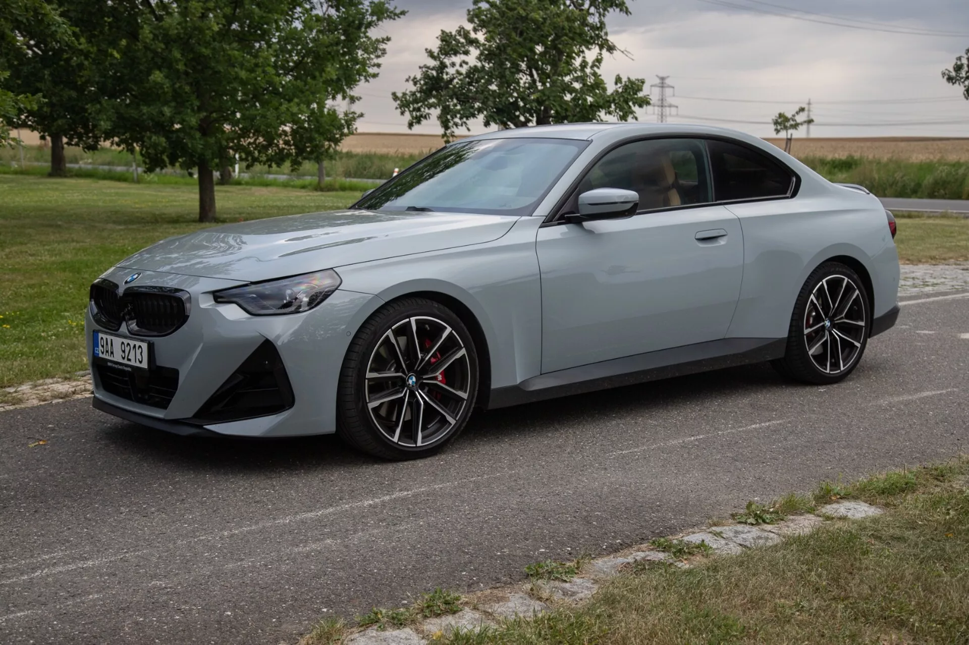 L'immagine mostra una BMW Serie 2 Coupé del 2022 da un'angolazione frontale di tre quarti, mettendo in evidenza il suo design esterno elegante e sportivo con una grande griglia anteriore e fari LED angolari. La coupé sportiva, verniciata in grigio chiaro opaco, è dotata di cerchi in lega multirazze, impianto frenante ad alte prestazioni con pinze rosse e linee scolpite per un profilo aerodinamico. L'auto è parcheggiata su una strada asfaltata con un paesaggio naturale di campi sullo sfondo, alla luce del giorno.