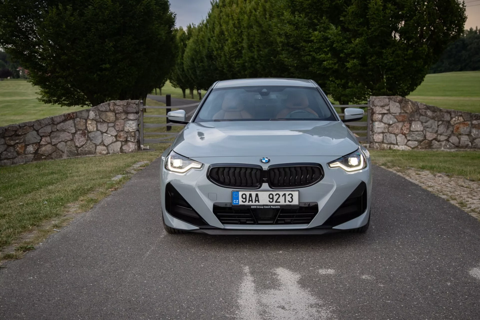 Vista frontale della BMW Serie 2 Coupe 2022 in un'area esterna paesaggistica con la caratteristica griglia del marchio, fari LED eleganti e cofano aerodinamicamente sagomato, che evidenzia il design moderno e le caratteristiche tecnologiche, inclusi i potenziali sensori per sistemi avanzati di assistenza alla guida.