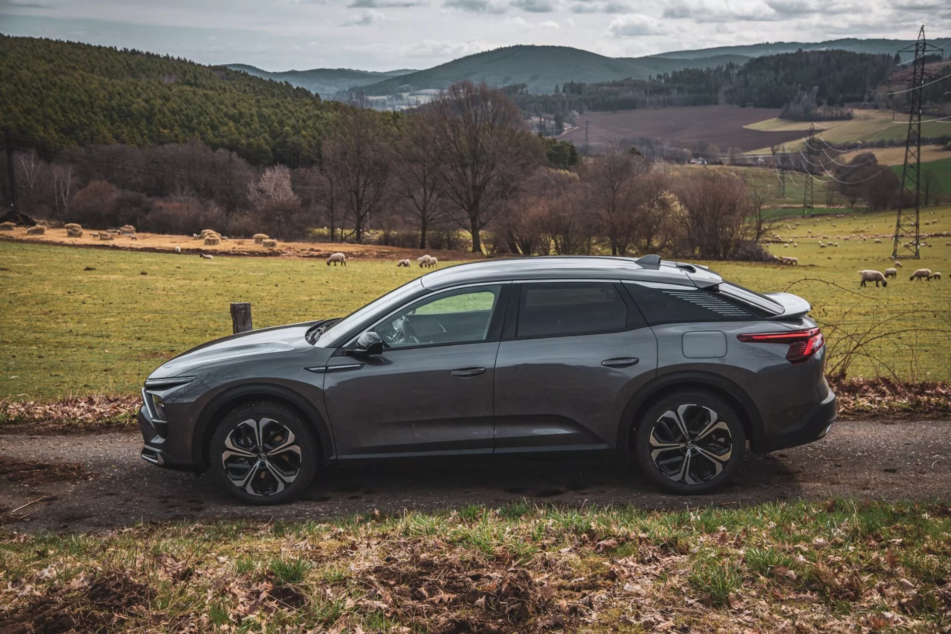 Citroën C5-X 2022 in un elegante colore argento, che mostra il suo design innovativo e le caratteristiche tecnologiche in una giornata limpida