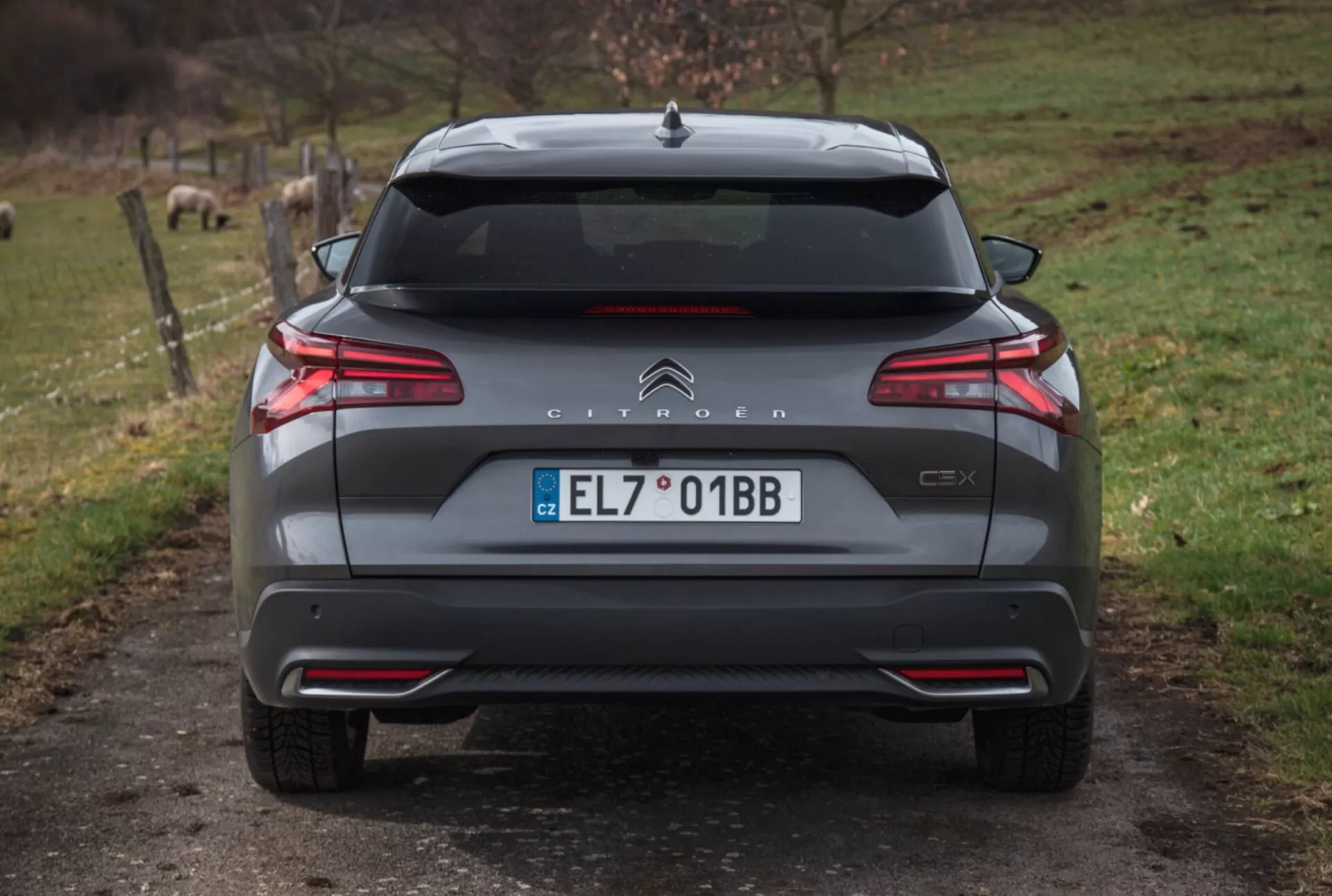 Vista posteriore di Citroën C5X 2022 su un sentiero di ghiaia con sfondo naturale, mostrando fari posteriori a LED, controllo distanza di parcheggio, doppio scarico e ulteriori dettagli esterni.