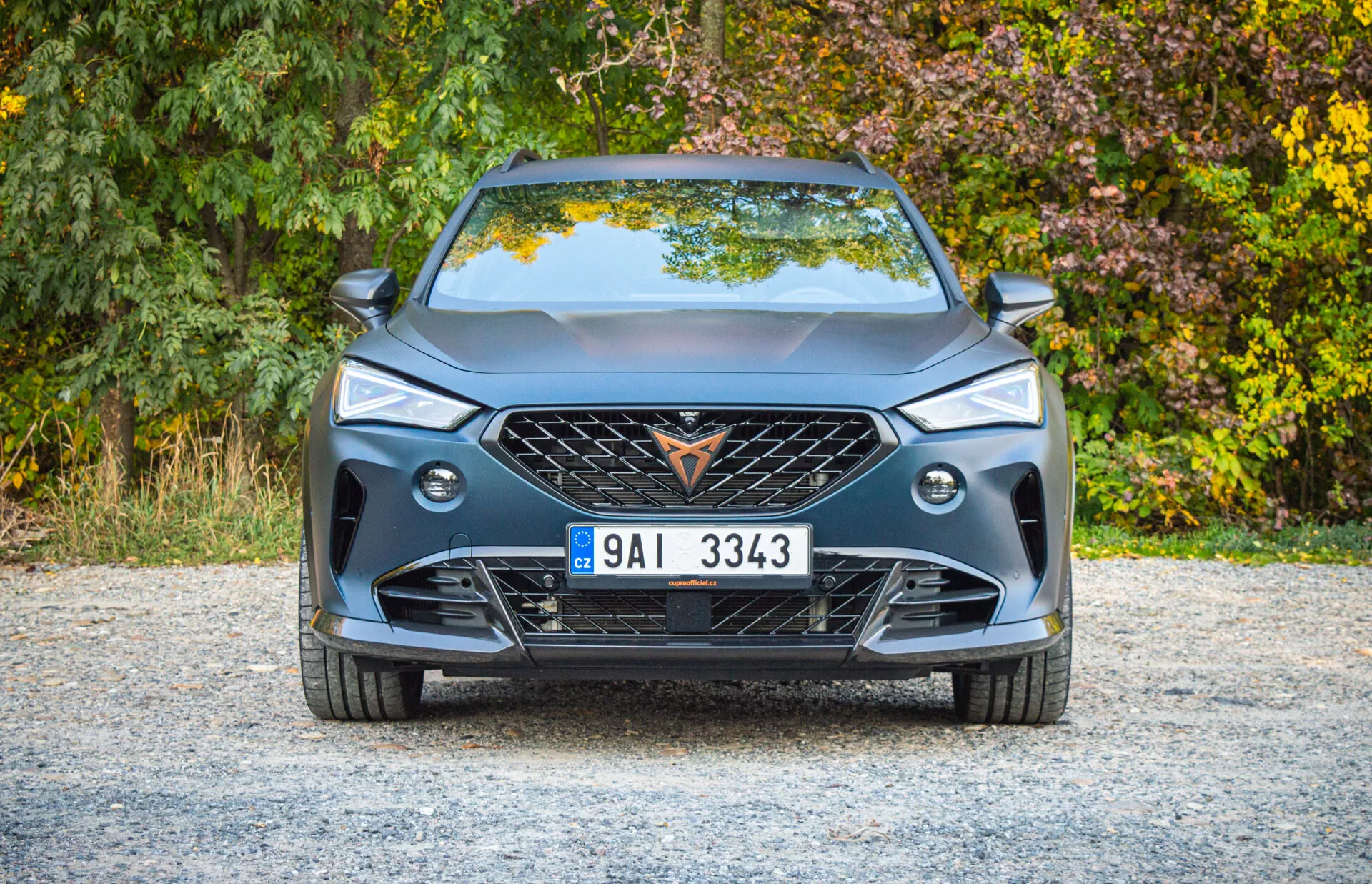 Vista frontale del Cupra Formentor 2020 con design moderno, grande griglia con emblema, pattern geometrico della griglia, fari LED eleganti, luci di posizione, paraurti anteriore sportivo con ampie prese d'aria, linee di carattere sul cofano, targa europea centrale e spoiler anteriore per la performance aerodinamica.