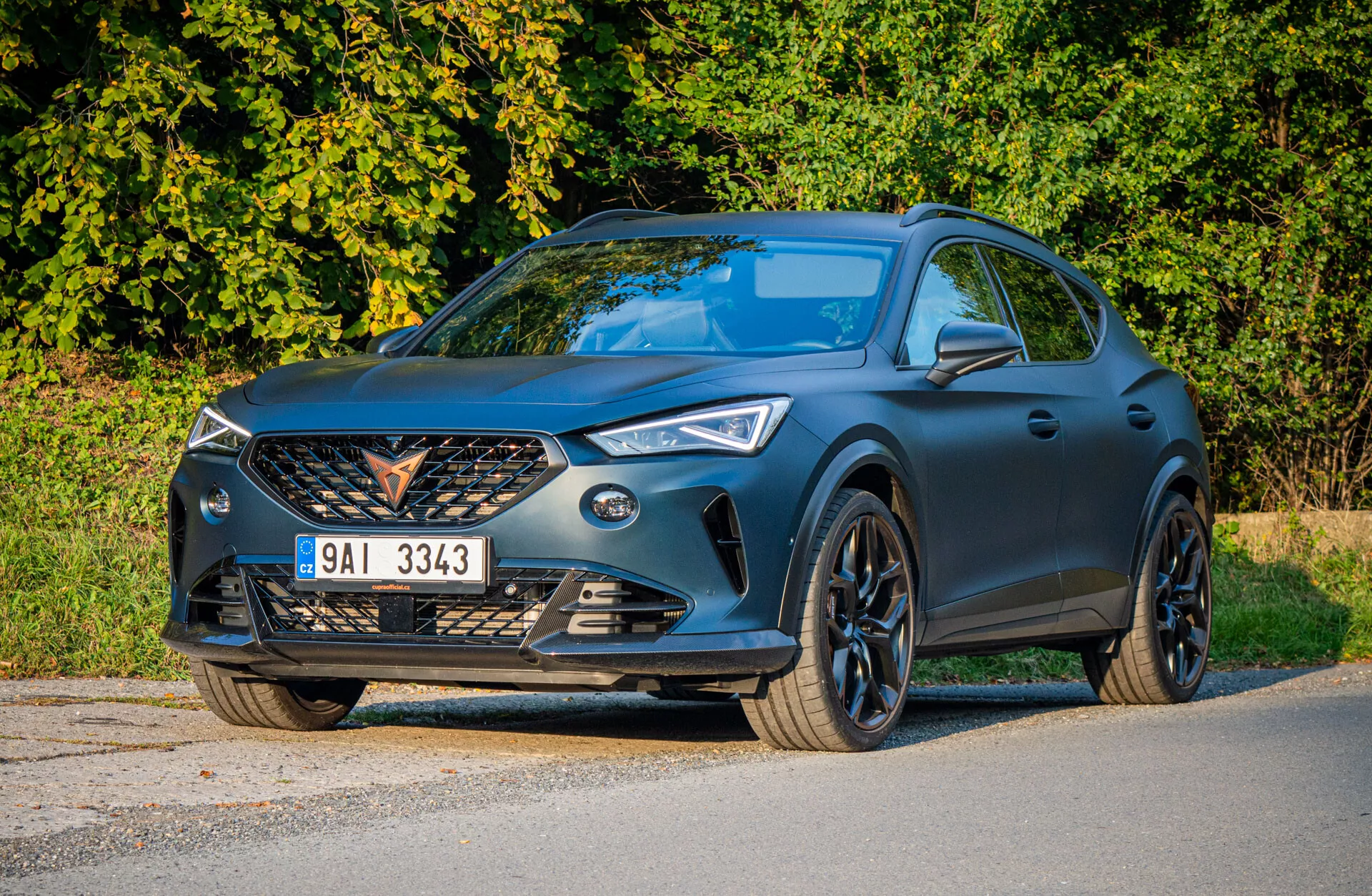 Cupra Formentor crossover/SUV del 2020 parcheggiata su asfalto accanto a un parco con luce diurna chiara e riflessi naturali sulla sua finitura opaca scura, mostrando il suo design aerodinamico, griglia distintiva con badge centrale, fari LED angolari, prese d'aria integrate sul paraurti anteriore, e cerchi in lega verniciati di nero sportivi.