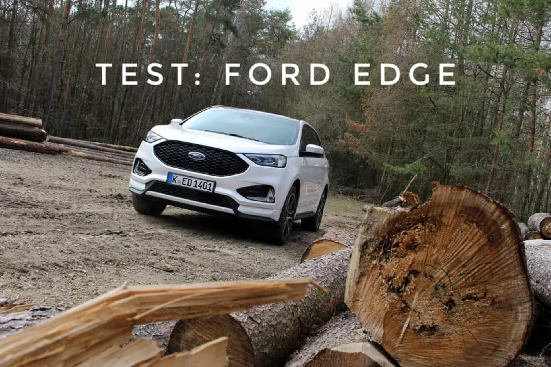 Ford Edge 2018 bianco, mostra le sue capacità fuoristrada con una vista frontale e laterale di tre quarti, evidenziando i fari diurni a LED, ruote in lega a più razze e vernice bicolore, impostato su uno sfondo naturale con tronchi di legno tagliato in primo piano