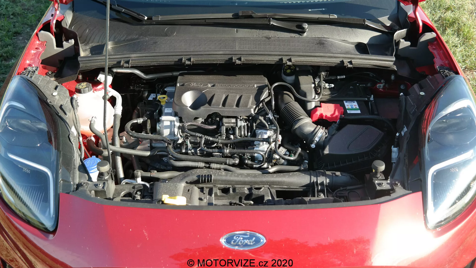 Vista dettagliata del vano motore della Ford Puma 2020 con cofano aperto, che mostra componenti del motore tra cui blocco motore, coperchio delle valvole, collettore di aspirazione e collettore di scarico. Sono visibili anche elementi come serbatoi di fluidi, tubi, cavi, batteria, condotti d'aria e parte del cofano aperto con isolamento.
