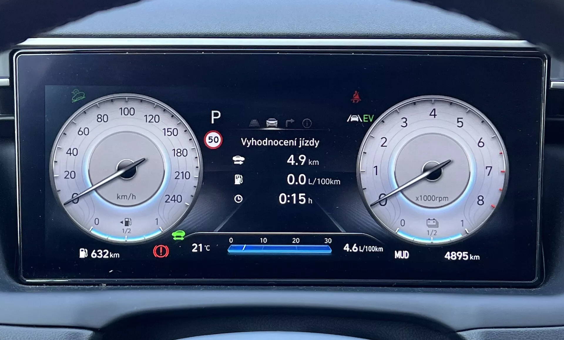 Cruscotto digitale Hyundai Tucson 2020 con tachimetro, contagiri, indicatore di tecnologia ibrida e informazioni dettagliate sul veicolo su un cruscotto moderno