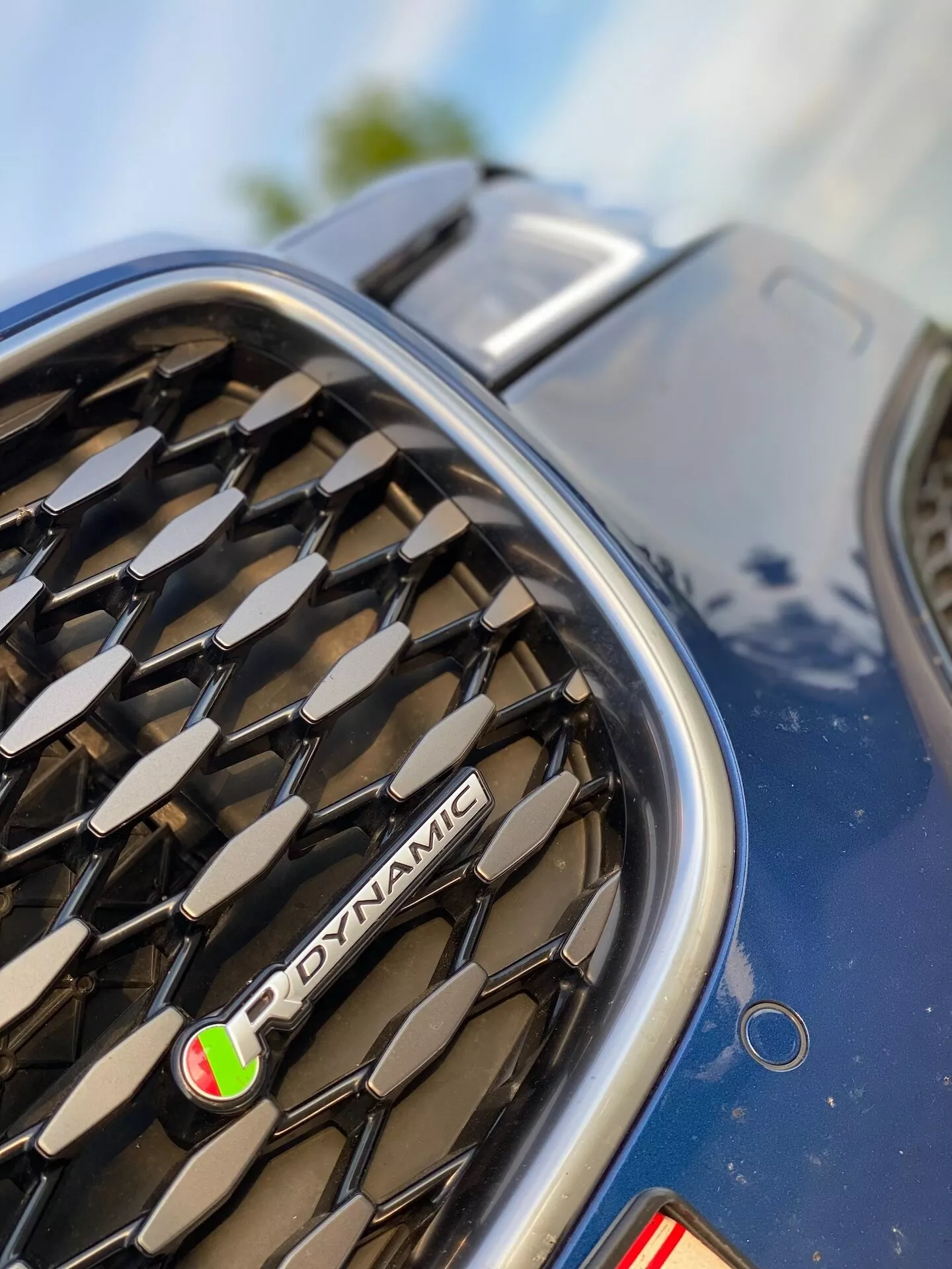 Fotografia ravvicinata e angolata focalizzata sulla griglia e sull'area del badge di una Jaguar XF 2021 con etichetta 'R-DYNAMIC', suggerendo un allestimento sportivo o ad alte prestazioni. La griglia a nido d'ape rivela un badge con strisce verdi e rosse, indicante un marchio specifico. Scatto angolato dal basso davanti al veicolo verso il cofano e il cielo, evidenziando potenza e prominenza. Scatto diurno con cielo e nuvole visibili, con bassa profondità di campo per enfatizzare il marchio.