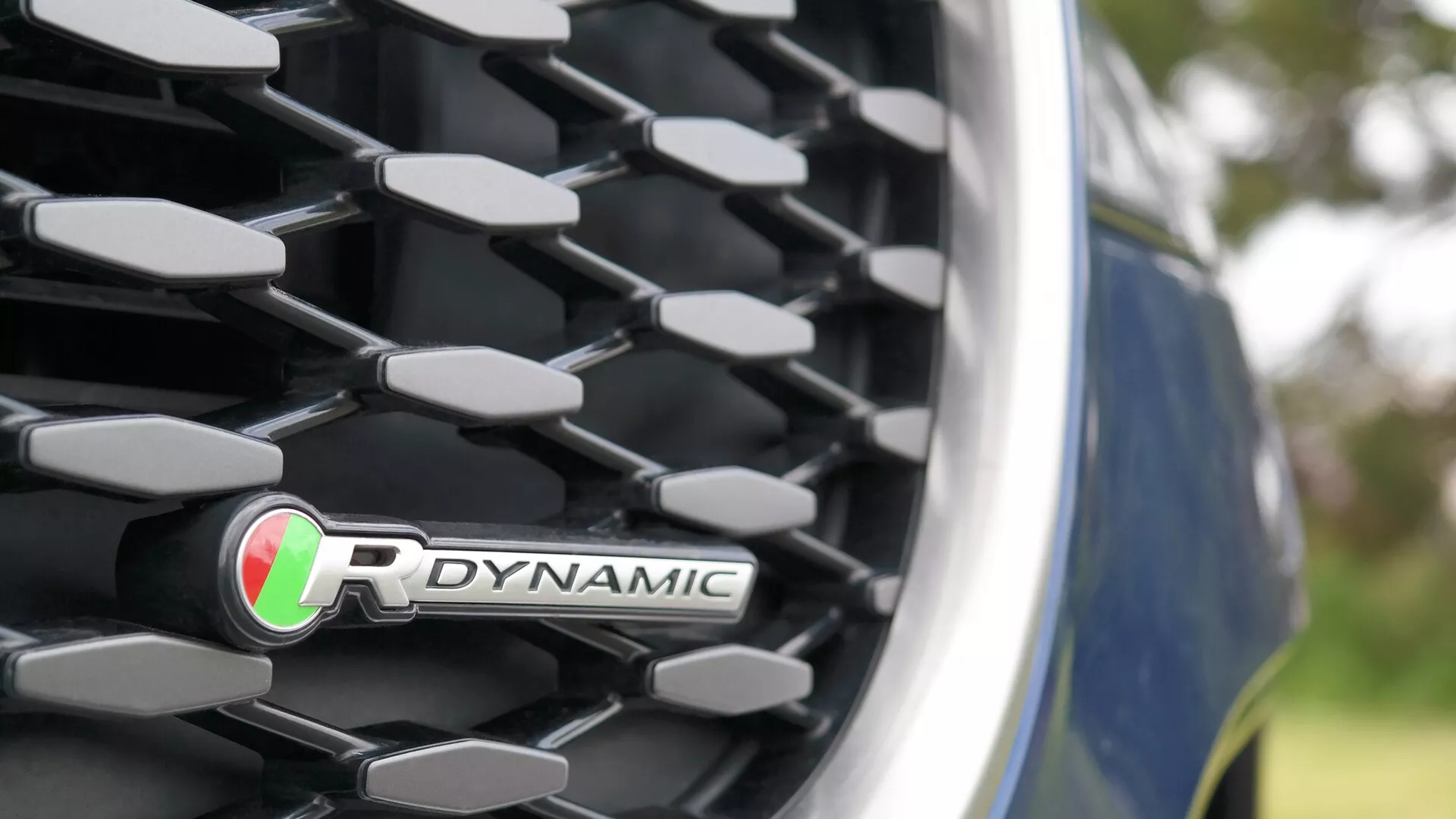 Vista ravvicinata della griglia frontale del Jaguar XF R-Dynamic 2021 con motivo a diamante/nido d'ape, rifiniture cromate e distintivo prominente con strisce verdi e rosse. Carrozzeria blu lucida parzialmente visibile. Ambiente esterno con sfondo sfocato di vegetazione.