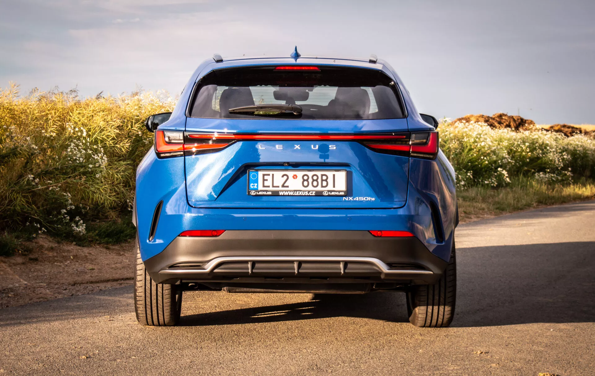 Vista posteriore di un Lexus NX blu del 2021 da un angolo basso che enfatizza la solida costruzione e le caratteristiche di design come i fanali posteriori LED, il parabrezza posteriore, lo spoiler, il distintivo, il paraurti posteriore con diffusore, i sensori di parcheggio, i riflettori e i doppi scarichi, su uno sfondo naturale sotto un cielo sereno.