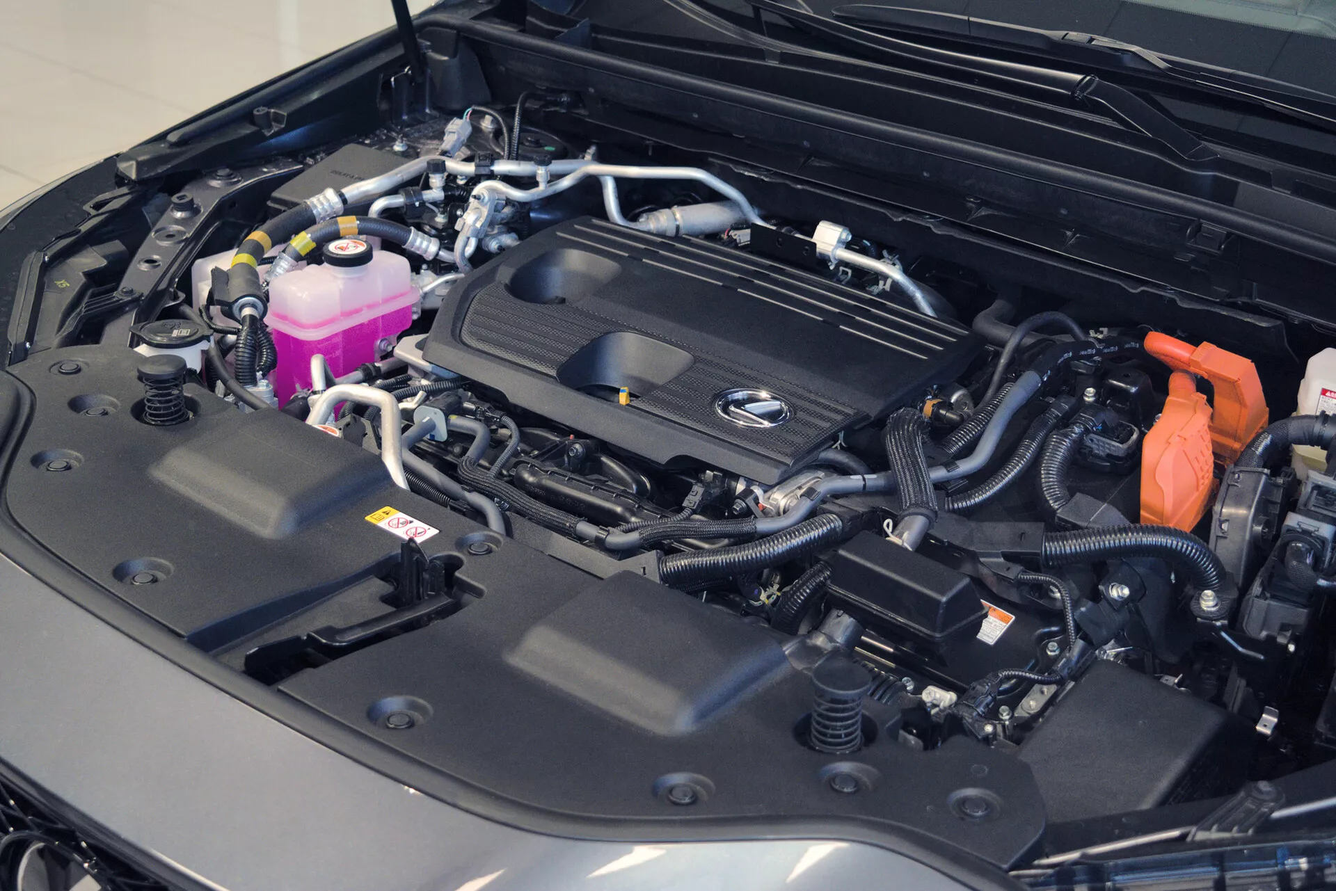Vista ravvicinata del vano motore di un'auto con il cofano aperto, che rivela un vano motore ben organizzato e pulito. La copertura del motore presenta un logo prominente, indicando la marca, e vari componenti come serbatoi colorati, cavi fissati e una batteria visibile con un tappo del terminale positivo rosso. La disposizione suggerisce un veicolo moderno e possibilmente lussuoso, enfatizzando la complessità del suo sistema elettrico e la condizione generale immacolata.