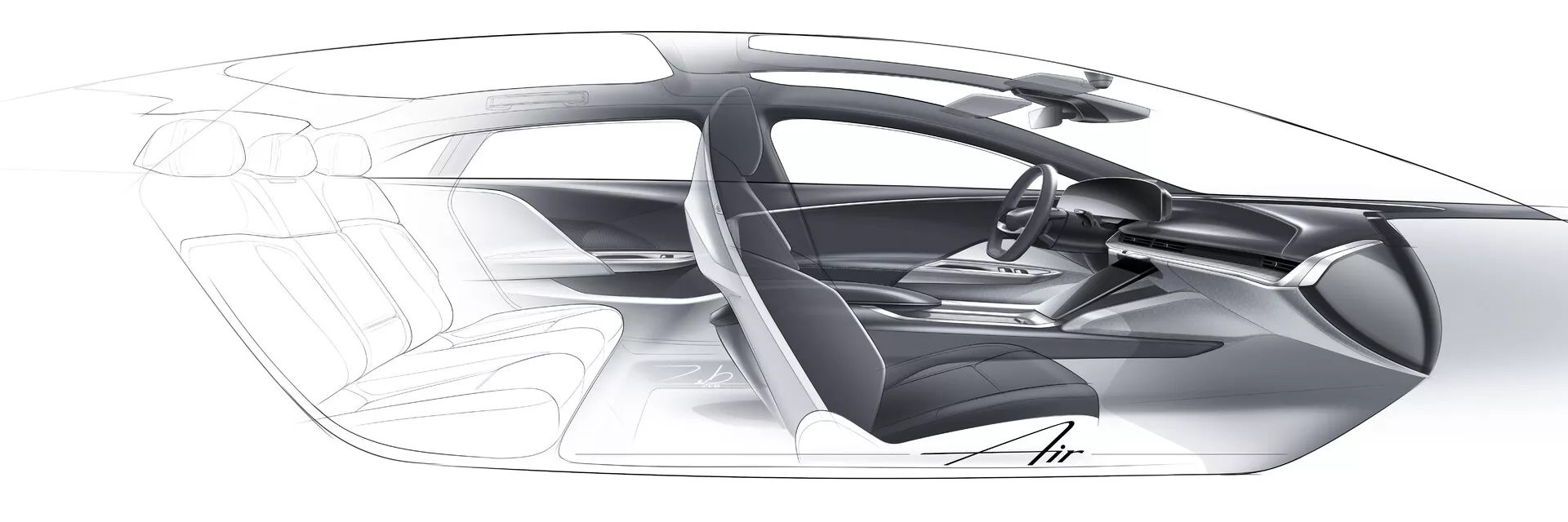 Vista laterale trasparente concettuale di un veicolo Lucid Air 2022 di prima generazione, che mostra la struttura interna e il layout con una configurazione di quattro sedili, cabina spaziosa, volante e cruscotto minimalisti, assenza di montante B tradizionale, probabilmente alimentato da un motore elettrico, struttura leggera e rigida e efficienza aerodinamica.