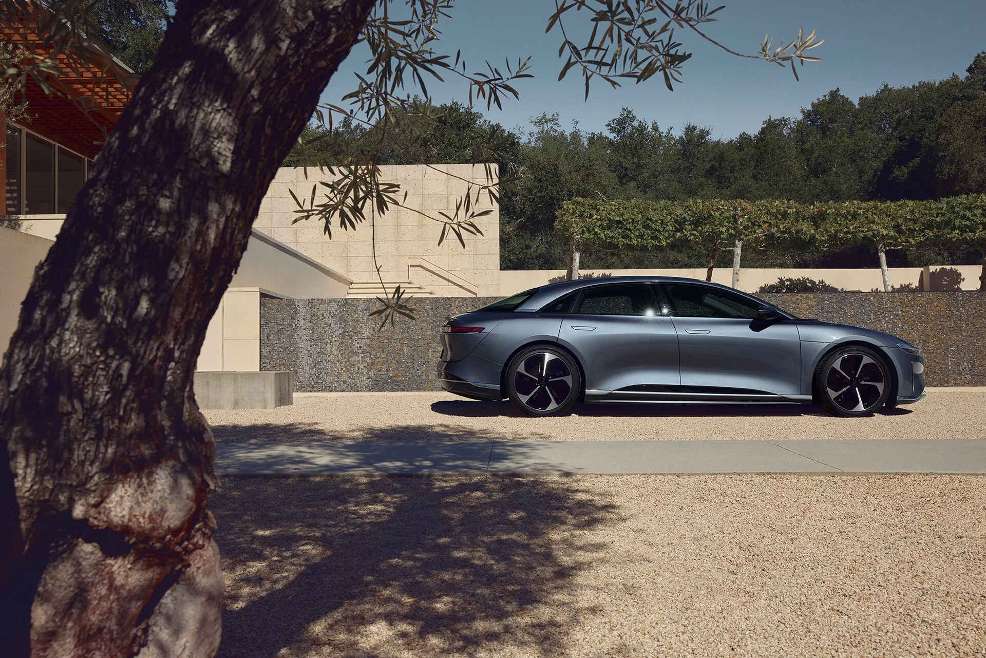 Vista laterale di una berlina Lucid Air 2022 di prima generazione con quattro porte parcheggiata all'aperto. Il lato passeggero della berlina lussuosa e orientata alle prestazioni è visibile, mostrando linee lisce sulla carrozzeria, il design delle porte e dei finestrini e ruote in lega distintive con pneumatici a profilo basso. Parzialmente ombreggiato dal fogliame di un albero, con luce naturale che mette in risalto la finitura metallica. Un edificio moderno sullo sfondo enfatizza il design aerodinamico ed elegante dell'auto con funzioni avanzate come le maniglie delle porte a filo e gli specchietti laterali aerodinamici che potrebbero indicare indicatori di direzione integrati o rilevamento dell'angolo cieco.