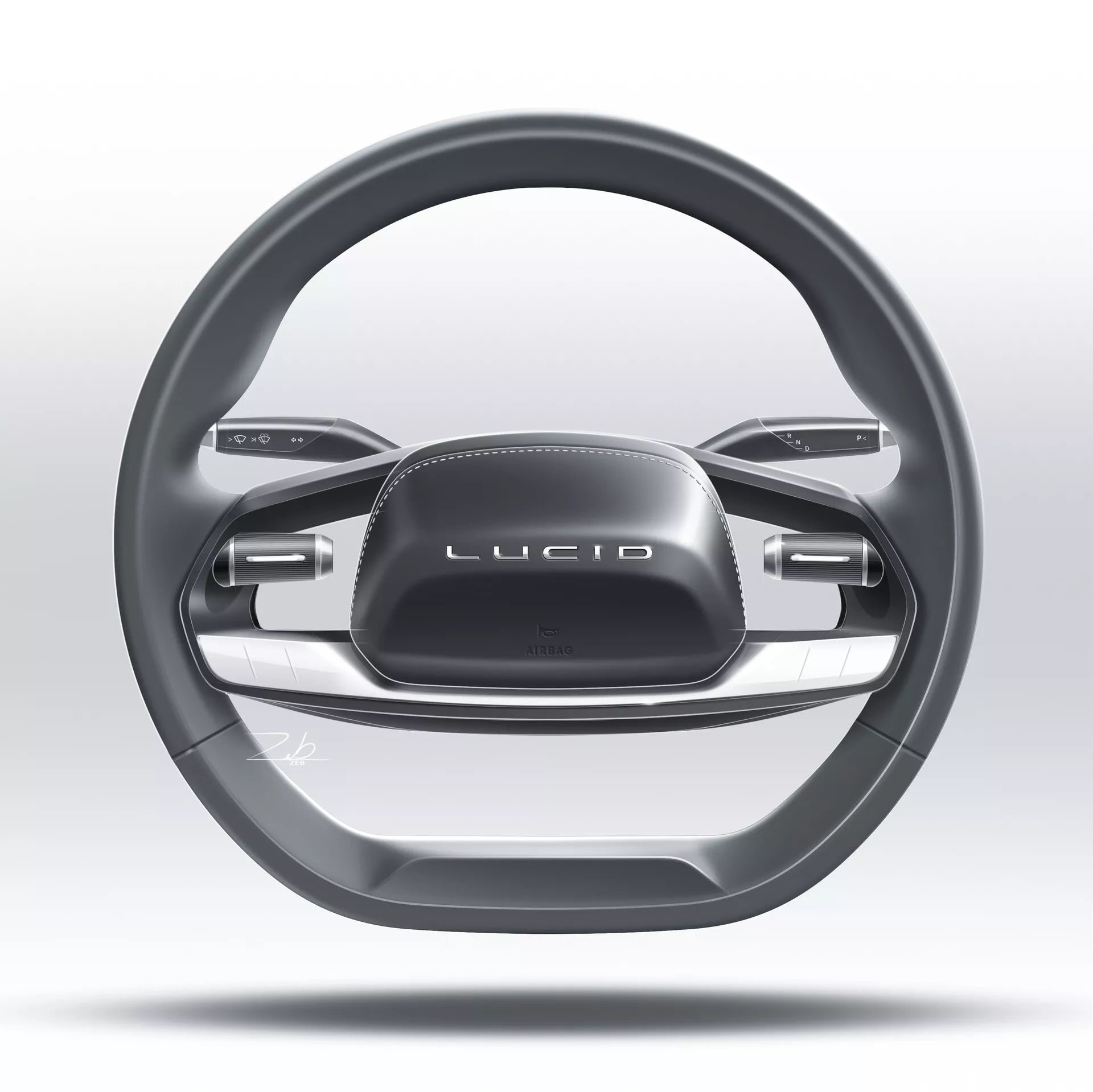 Primo piano del moderno e lussuoso volante della Lucid Air 2022, caratterizzato da un design minimalista a due razze con contorni ergonomici per migliorare la presa, pannelli tattili interattivi e pulsanti per funzioni dell'auto. L'immagine è centrata sul volante, evidenziando l'estetica premium con il suo rivestimento metallico e il marchio 'LUCID', su uno sfondo sfocato grigio-biancastro.