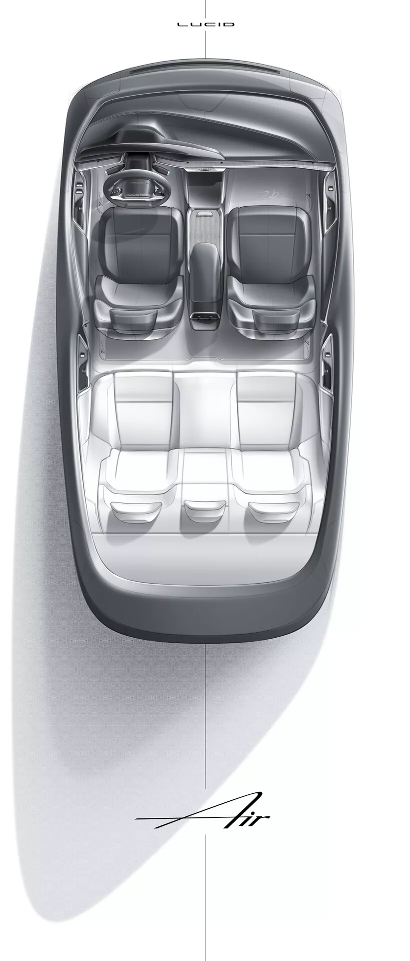 Vista dall'alto degli interni della Lucid Air 2022 di prima generazione, che illustra una configurazione dei sedili a due file con poltrone singole anteriori, una console centrale e un design spazioso e lussuoso focalizzato sulla simmetria e sul comfort.