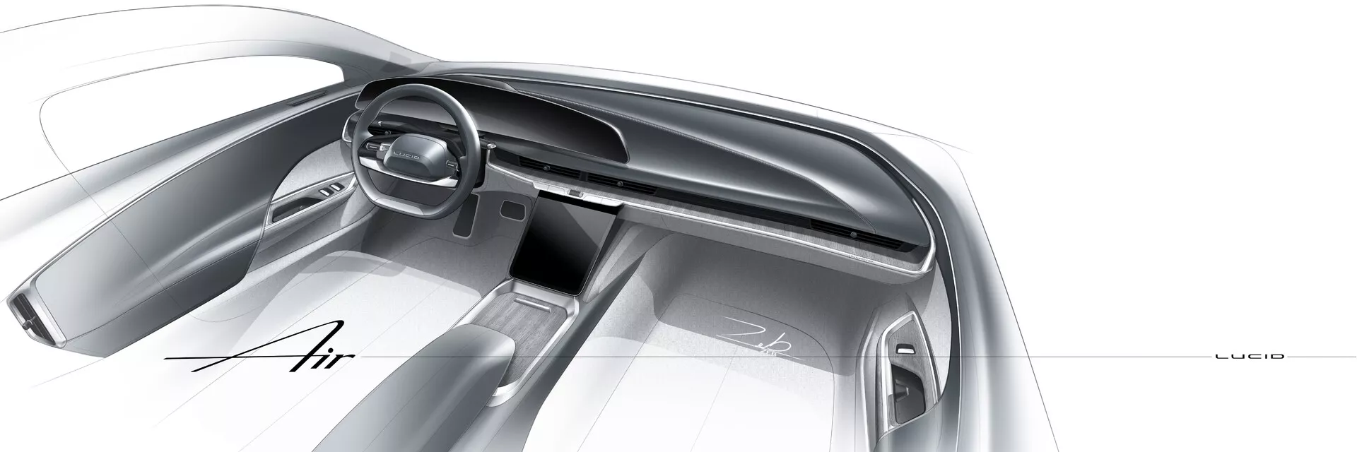Schizzo concettuale o immagine renderizzata digitalmente dell'interno del Lucid Air 2022 (1ª generazione), vista dal lato passeggero. Caratterizzato da cruscotto elegante, design minimalista, display digitali dietro il volante e sulla console centrale, volante circolare moderno con controlli integrati e iscrizione 'Air' sul cruscotto. Schema di colori monocromatico con tonalità di grigio, che indica un veicolo elettrico lussuoso e futuristico con interfacce di controllo avanzate.