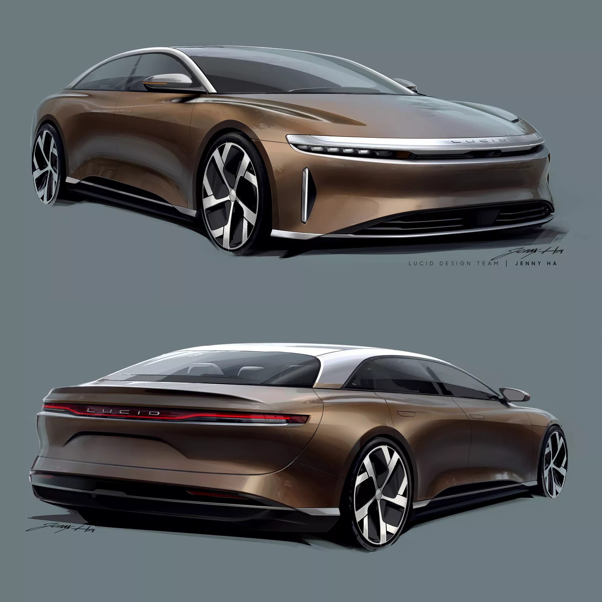 Due viste angolate di un'auto Lucid Air 2022 in una rappresentazione digitale. La metà superiore mostra il lato anteriore sinistro con un design dinamico e aerodinamico, dotato di cofano lungo, griglia chiusa, fari sottili e grandi ruote in lega multirazze. La metà inferiore mostra il lato posteriore destro con un profilo liscio in stile fastback, luci posteriori sottili, barra luminosa e senza terminali di scarico. L'auto enfatizza un'estetica elegante con lusso moderno e tecnologia avanzata della propulsione elettrica.