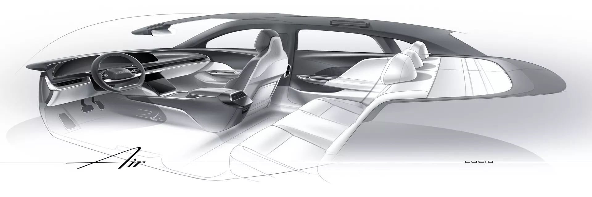 Bozzetto di design concettuale dell'interno della Lucid Air 2022, che mostra un cruscotto elegante con contorni fluidi, volante futuristico, quattro sedili ergonomici premium, console centrale estesa che potrebbe includere superfici touch-sensitive, porta lato guida aperta senza montante B per maggiore accessibilità, grandi finestre per massima visibilità, pavimento piatto tipico dei veicoli elettrici e badging 'Air'. Il bozzetto enfatizza un design della cabina minimalista, spazioso e moderno.