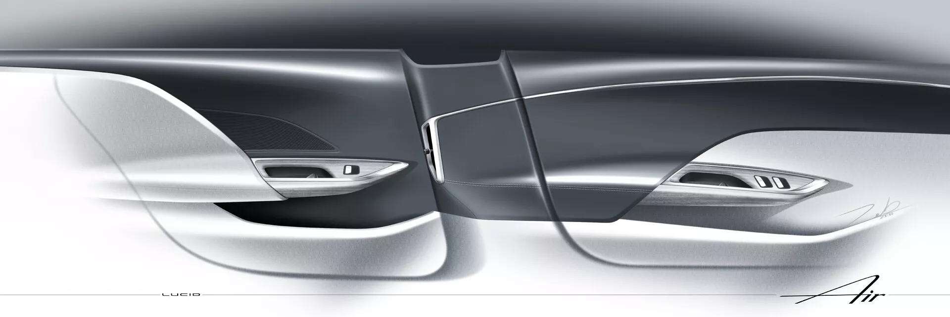 Rendering digitale stilizzato del Lucid Air 2022 (1ª generazione), che mostra una vista ravvicinata del profilo laterale concentrandosi su linee eleganti e aerodinamiche. L'immagine enfatizza il design moderno del veicolo, con maniglie delle porte a filo e sottili interstizi tra i pannelli, indicativi di lusso e tecnologia avanzata per esterni. L'assenza degli specchietti laterali tradizionali suggerisce l'uso di avanzati sistemi di telecamere posteriori. Questa illustrazione artistica sottolinea il design automobilistico innovativo e materiali di alta qualità.