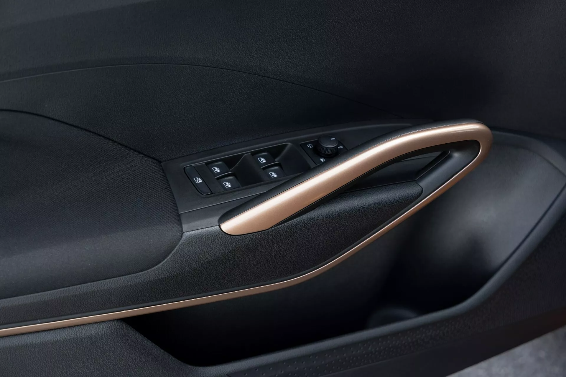 Vista ravvicinata del pannello interno della porta della Skoda Fabia 2021, che mette in evidenza il modulo di controllo della porta. L'immagine, presa da un angolo obliquo, sottolinea la disposizione dei pulsanti e la rifinitura della porta. Il modulo di controllo della porta include pulsanti per i comandi dei finestrini, le serrature delle porte e possibilmente le regolazioni degli specchi. Il pannello presenta un design a due toni con materiale nero accentuato da rifiniture in metallo o legno, enfatizzando il design moderno ed ergonomico dell'auto.