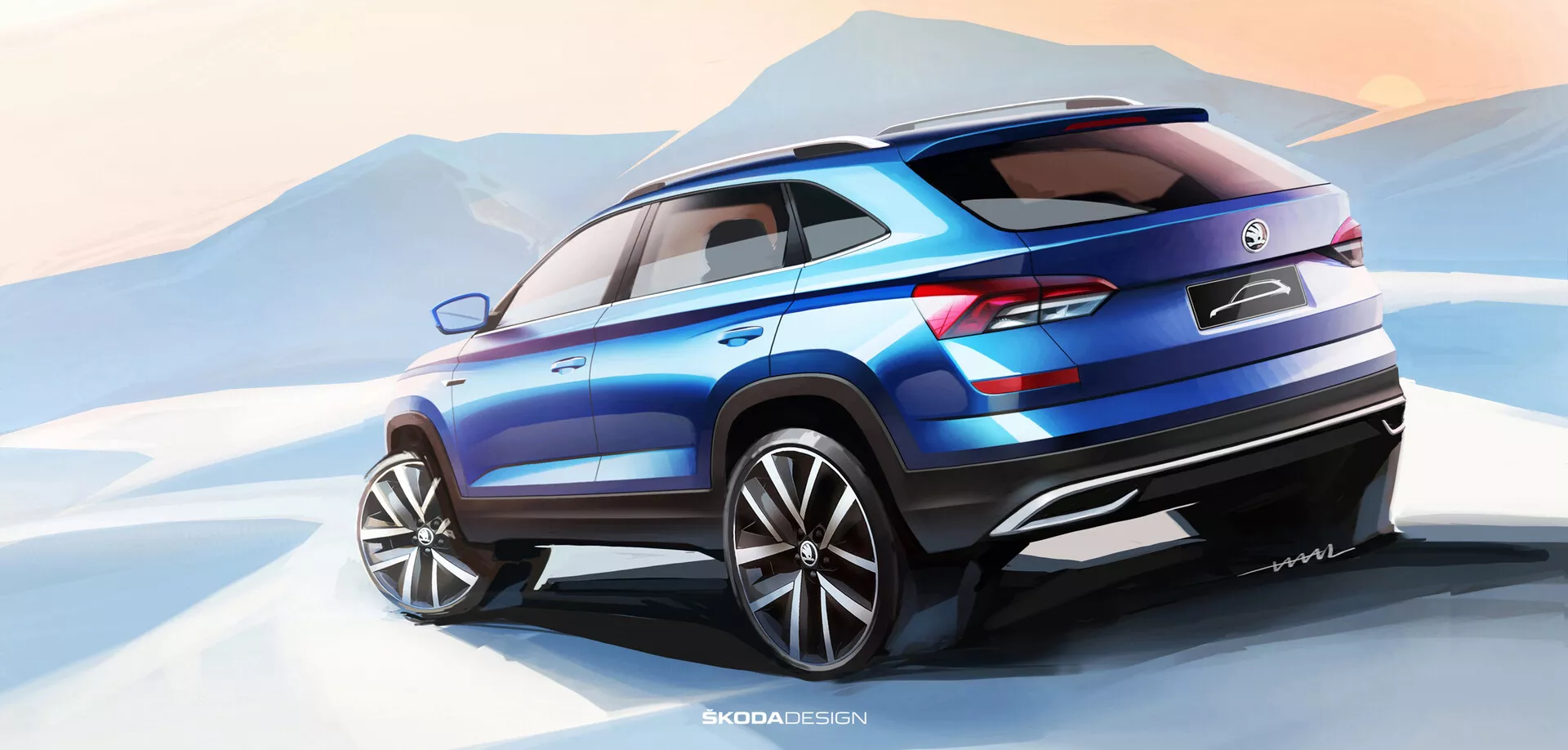 Rendering grafico della Skoda Kamiq 2019 in blu vibrante, che mostra un design moderno di SUV con grandi ruote e luci posteriori LED, visto da una prospettiva posteriore di tre quarti contro un paesaggio montano stilizzato.