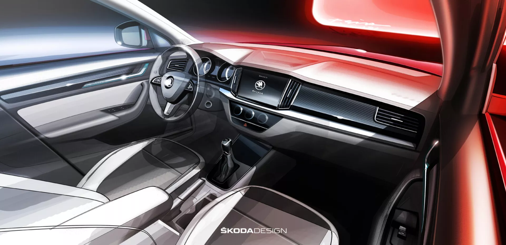 Vista interna di una Skoda Kamiq 2019 focalizzata sul cruscotto e lo spazio della cabina anteriore dalla prospettiva del passeggero, con un volante moderno con comandi integrati, un cruscotto con inserto metallico e bocchette dell'aria, un display centrale per l'infotainment touchscreen, e accenni di una leva del cambio automatica elegante e la consolle centrale