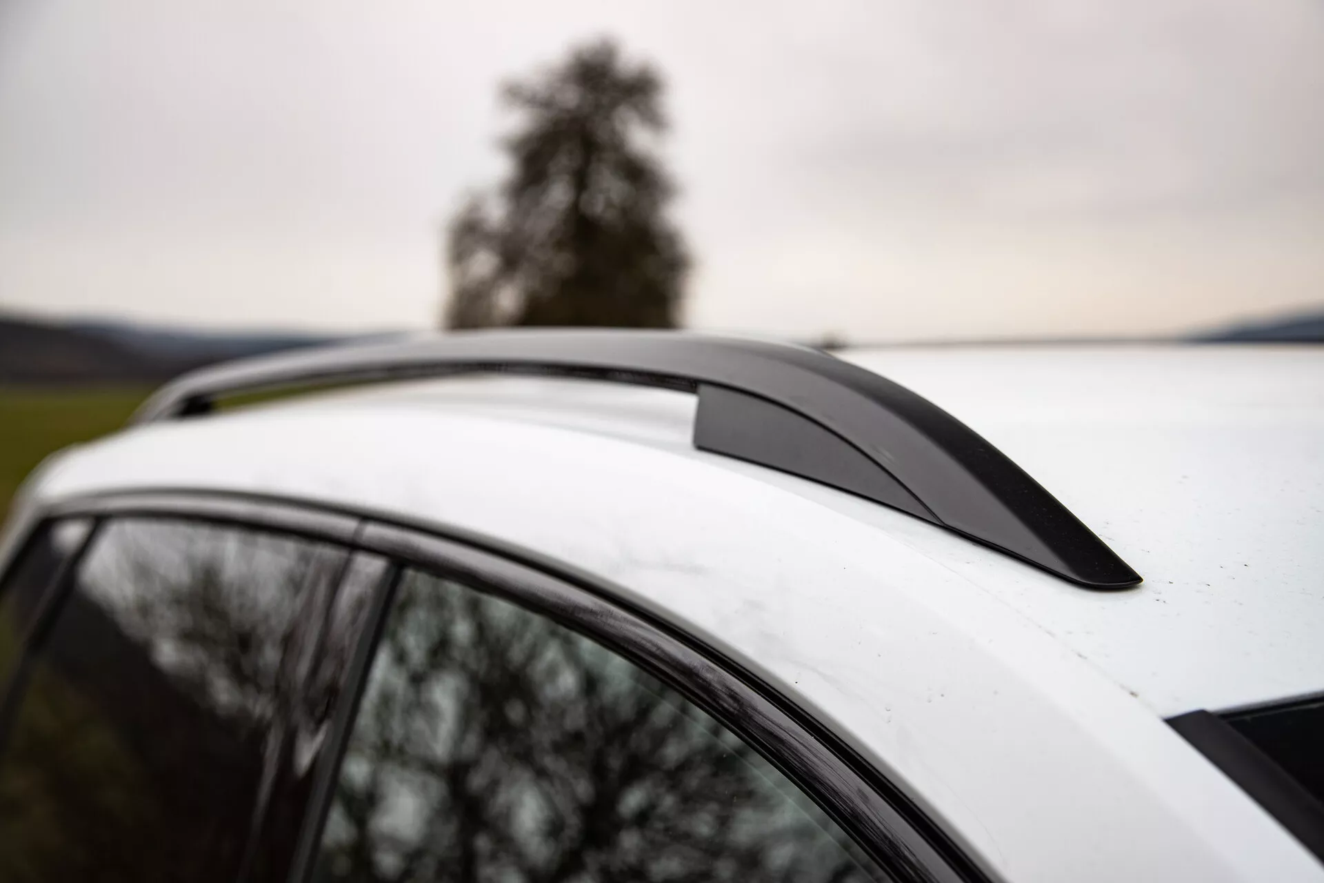 Vista ravvicinata di una Skoda Karoq 2021 che mostra lo spoiler sul tetto, tetto bianco con tetto panoramico solare e barre sul tetto integrate su uno sfondo di un albero e cieli nuvolosi, sottolineando il design aerodinamico del veicolo, le caratteristiche di lusso e le capacità di utilità.
