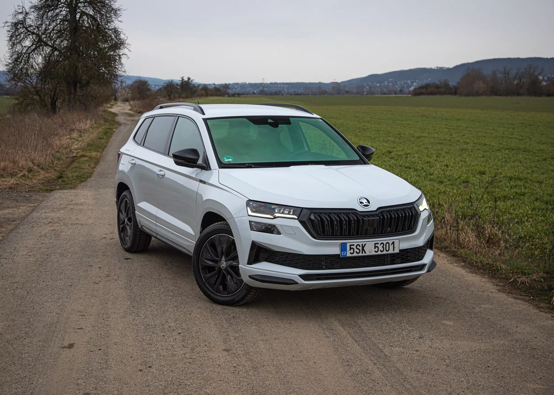 SUV Skoda Karoq 2021 parcheggiata su una strada di campagna con campo e colline distanti sullo sfondo, mostrando la sua griglia frontale, fari eleganti, ruote in lega a più razze e profilo laterale dinamico sotto una luce naturale diffusa