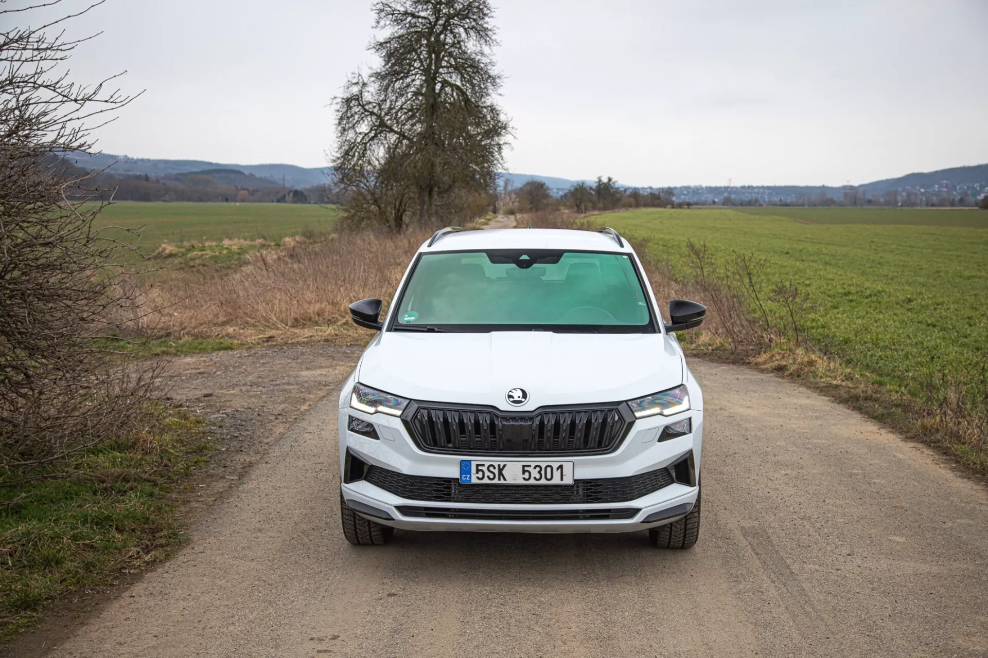 SUV Škoda Karoq 2021 in una visuale frontale diretta su una stretta strada di campagna non asfaltata, evidenziando la griglia distintiva di Škoda, fari LED affilati, luci antinebbia in contorni neri per una potenziale capacità off-road, linee dinamiche del cofano e funzionalità tecnologiche avanzate nella parte frontale del veicolo.