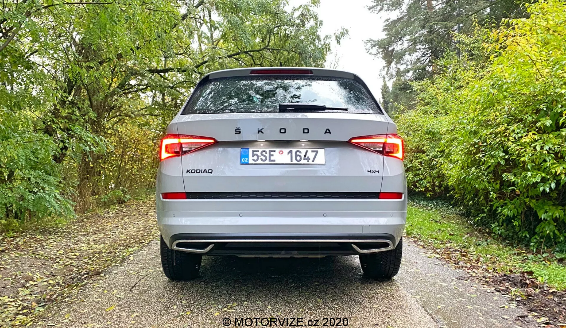 Vista angolare posteriore di una Škoda Kodiaq argento del 2017. Evidenzia distintamente il logo Škoda sul cofano posteriore, il nome del modello 'KODIAQ' e la dicitura '4x4', con targa ceca tra fanali posteriori a LED moderni, paraurti bicolore, riflettori e possibilmente sensori di parcheggio.