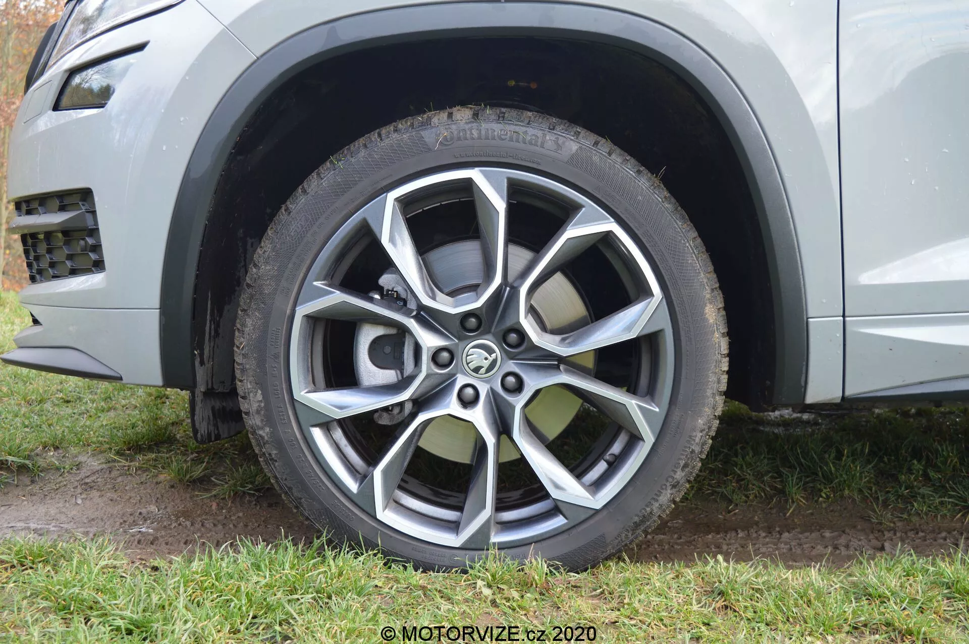 Primo piano della ruota anteriore lato passeggero di una Skoda Kodiaq 2017, che mette in risalto il moderno design del cerchio in lega a più raggi con finiture verniciate e lavorate. Il cerchione in lega presenta dieci raggi in colori grigio scuro e metallico chiaro a contrasto, progettato sia per l'estetica che per la protezione del marciapiede. L'immagine evidenzia anche lo pneumatico all-season o off-road con battistrada visibile e design del protettore del cerchio, e mostra parzialmente il colore della carrozzeria metallica chiara argentata o grigia insieme a un elemento in plastica attorno all'arco della ruota, alludendo all'estetica robusta e capace fuori strada del SUV.