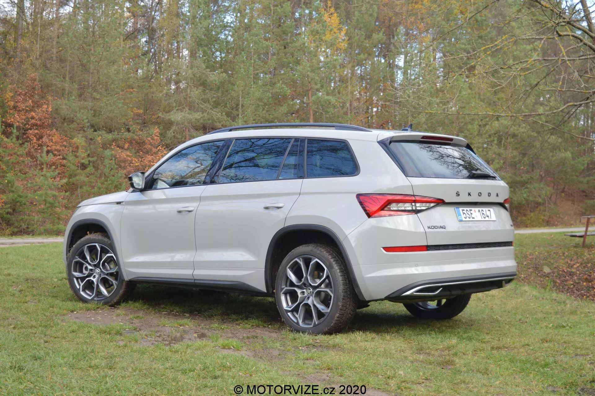 Immagine di una Škoda Kodiaq 2017 catturata da un'angolazione posteriore a tre quarti, che mostra il colore argento/grigio chiaro del veicolo, i cerchi in lega multiraggio, i cristalli posteriori oscurati, il tetto panoramico e il design distintivo delle luci posteriori. L'auto è parcheggiata all'aperto con uno sfondo di alberi e prati, indicante un ambiente naturale. Sul portellone posteriore sono visibili i loghi Škoda e il distintivo della trazione '4x4'.