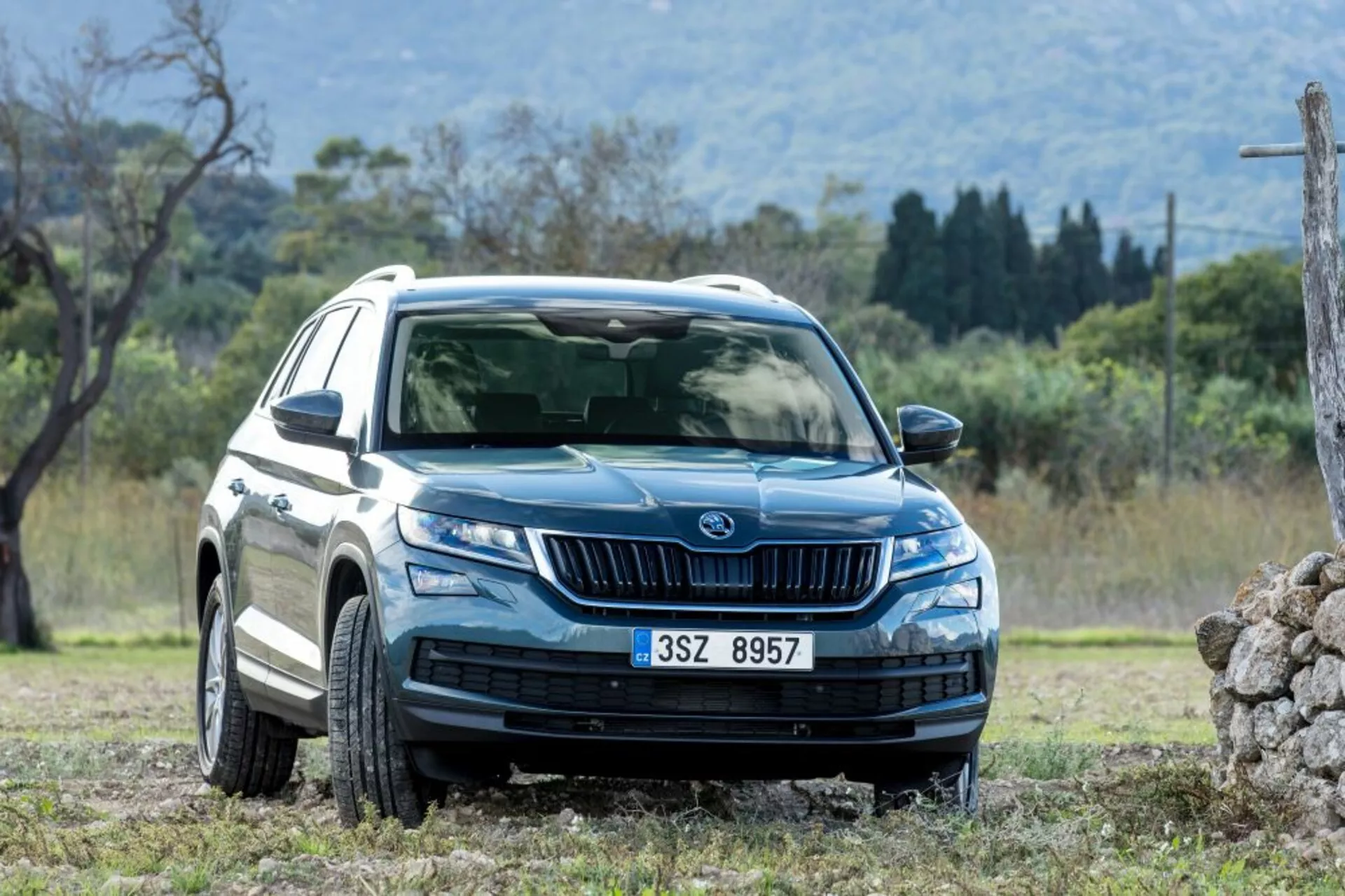 Skoda Kodiaq del 2017 in una vista dinamica frontale e laterale che mostra fari LED, luci diurne, griglia anteriore a listelli verticali, cerchi in lega a più razze, protezioni e rivestimenti per il corpo vettura, specchietti con indicatori di direzione e vetri oscurati, ambientata in un contesto naturale idoneo per la guida off-road