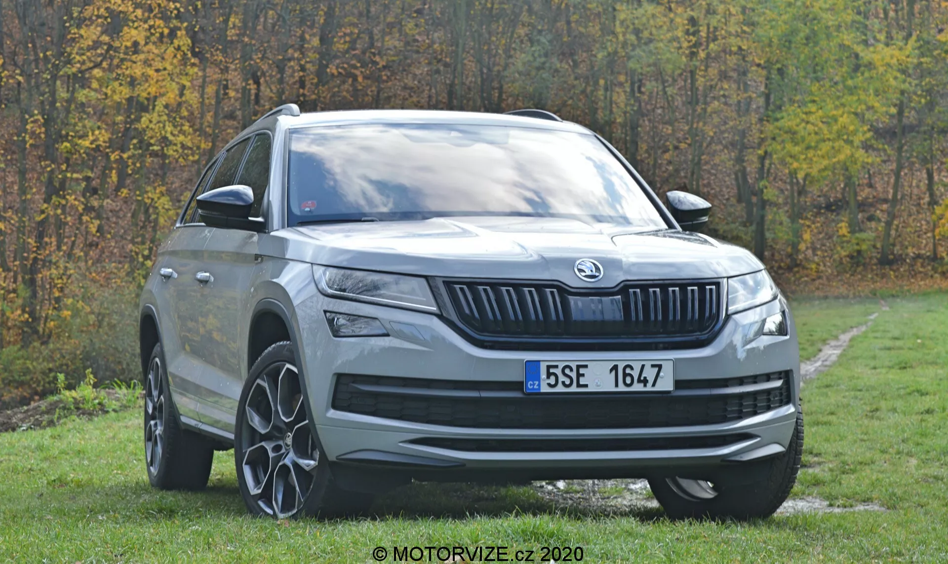 Vista tre quarti anteriore di un moderno SUV Skoda Kodiaq 2017 parcheggiato su un'area erbosa con alberi sullo sfondo. Le caratteristiche visibili includono una griglia anteriore prominente con lamelle verticali e stemma del marchio centrale, fari orizzontali eleganti con luci diurne a LED, alta altezza da terra, grandi ruote in lega multirazza, passaruota pronunciati, piastra paramotore argentata, linee di contorno distinte sul cofano, specchietti retrovisori in tinta carrozzeria con indicatori di direzione integrati, vetri laterali oscurati, linea del tetto leggermente inclinata verso il retro con barre portatutto.