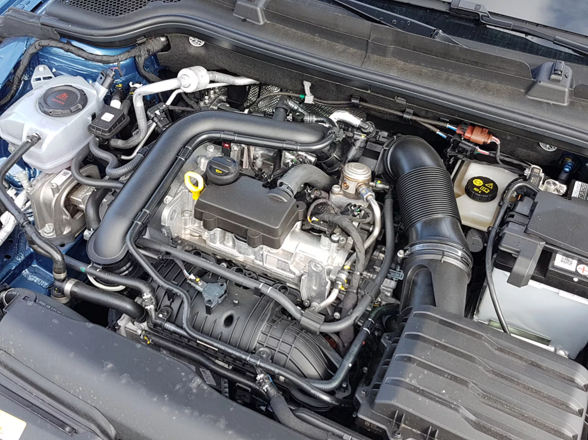 Vista ravvicinata del vano motore di una Skoda Scala 2019 con il cofano aperto, mostrando il blocco motore e vari componenti come il contenitore del liquido di raffreddamento, l'alloggiamento del filtro dell'aria e la batteria, indice di ingegneria automobilistica e attenzione alla manutenzione.