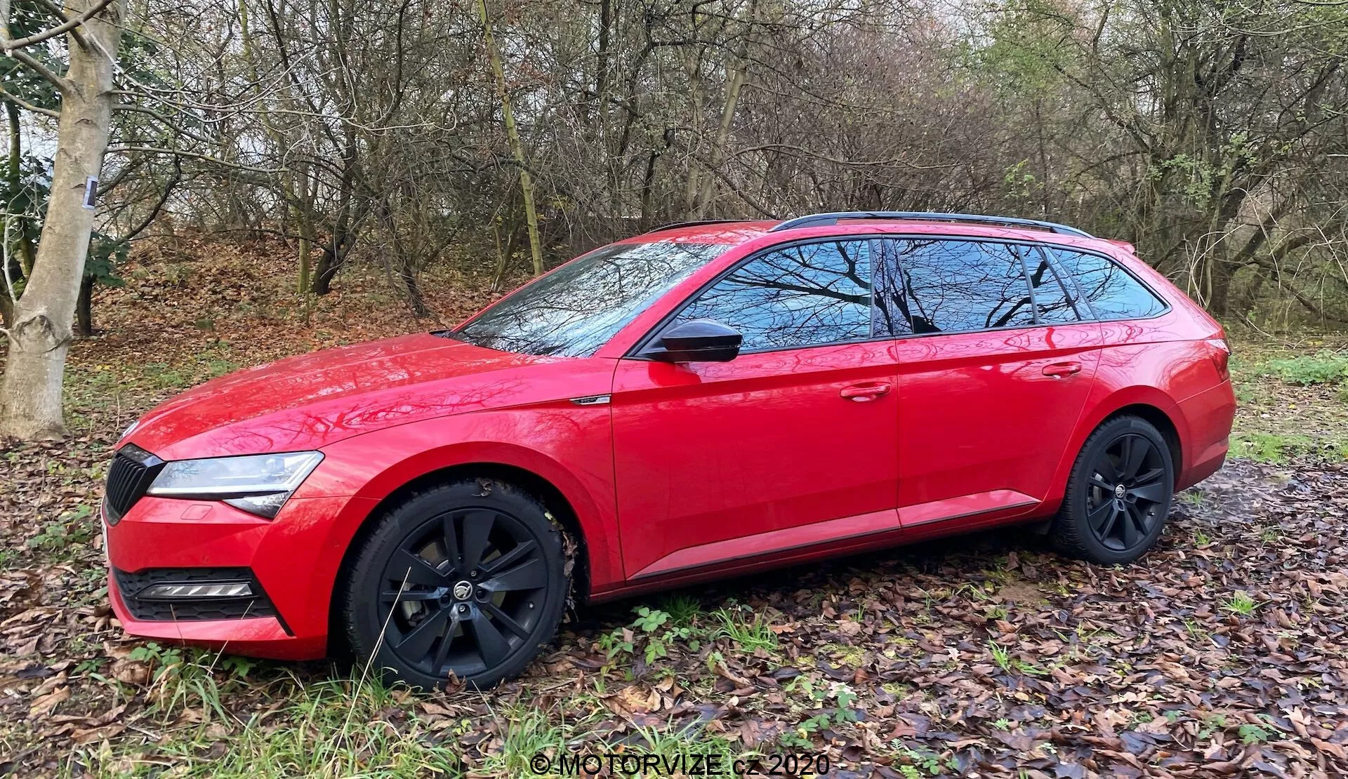 Profilo laterale di una Skoda Superb Limousine 2019 rossa parcheggiata su un'area erbosa con foglie per terra. Gli elementi di design dell'auto includono cerchi in lega neri, finestre incorniciate in cromo, specchietti laterali del colore della carrozzeria e barre sul tetto. L'immagine cattura la lunghezza del veicolo, mostrando la sua forma station wagon, il design moderno e il contrasto tra la carrozzeria rossa e le ruote nere.