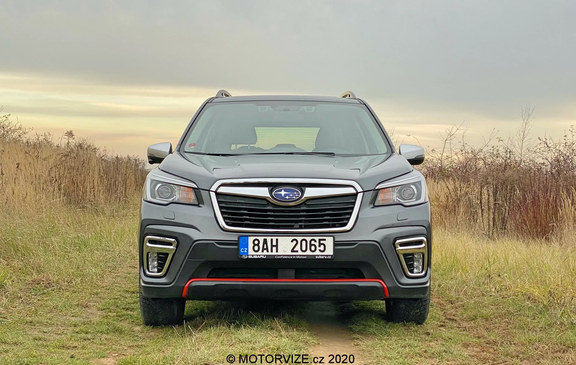 Vista frontale del SUV Subaru Forester 2020 che mostra la sua griglia prominente con il badge del logo centrale, fari a LED, fendinebbia sul paraurti inferiore e finitura grigio scuro lucida o metallica. La composizione simmetrica mette in evidenza gli eleganti elementi di design dell'auto, inclusi possibili sensori di parcheggio, prese d'aria e indicatori del livello di allestimento. Il veicolo è fermo su una superficie di terra contro uno sfondo naturale con cielo nuvoloso ed erba secca.