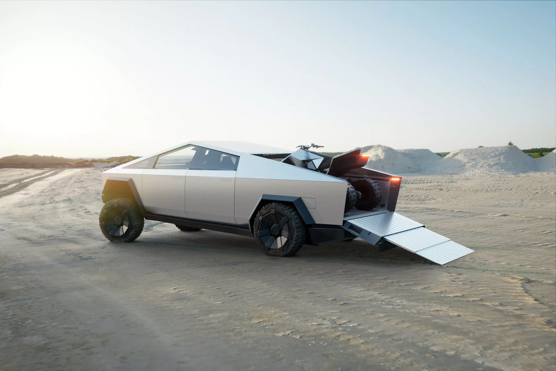 Vista di profilo laterale di un futuristico Tesla Cybertruck 2021, con le sue distintive linee geometriche e angoli decisi. Il veicolo si trova in un ambiente sabbioso simile a un deserto con il portellone posteriore aperto e la rampa estesa. La finitura opaca, di colore grigio chiaro o argento, le grandi ruote robuste e l'assenza di curve sottolineano il suo design avanguardistico. L'illuminazione naturale del tardo pomeriggio proietta lunghe ombre intorno al camion. L'assenza di tubi di scappamento visibili suggerisce che si tratta di un veicolo elettrico. L'ambiente evidenzia le sue capacità fuoristradistiche e utilitaristiche.