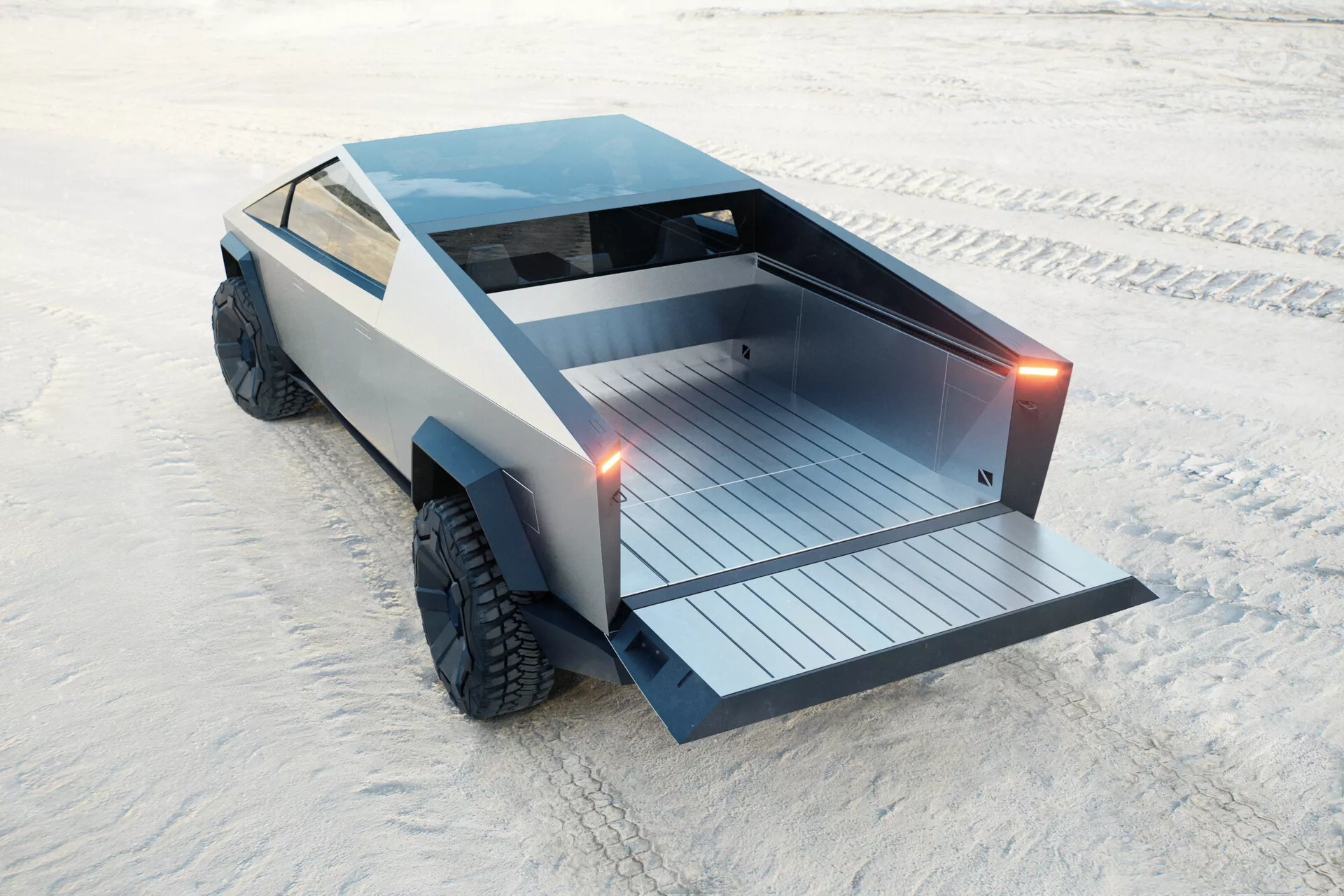 L'immagine presenta il futuristico Tesla Cybertruck 2021 (1a generazione) da un'angolazione alta posteriore di tre quarti, rivelando il suo distintivo design geometrico angolare e la costruzione robusta. Il veicolo ha una finitura metallica e grandi pneumatici fuoristrada con battistrada spesso, indicando capacità in condizioni di guida difficili. I dettagli notevoli includono luci posteriori verticali sottili, un'area di carico piatta con liste orizzontali e un design posteriore pulito senza maniglia visibile del portellone. L'ambiente sembra nevoso in piena luce del giorno, evidenziando la possibile avanzata durata e i materiali compositi leggeri del camion per l'efficienza.
