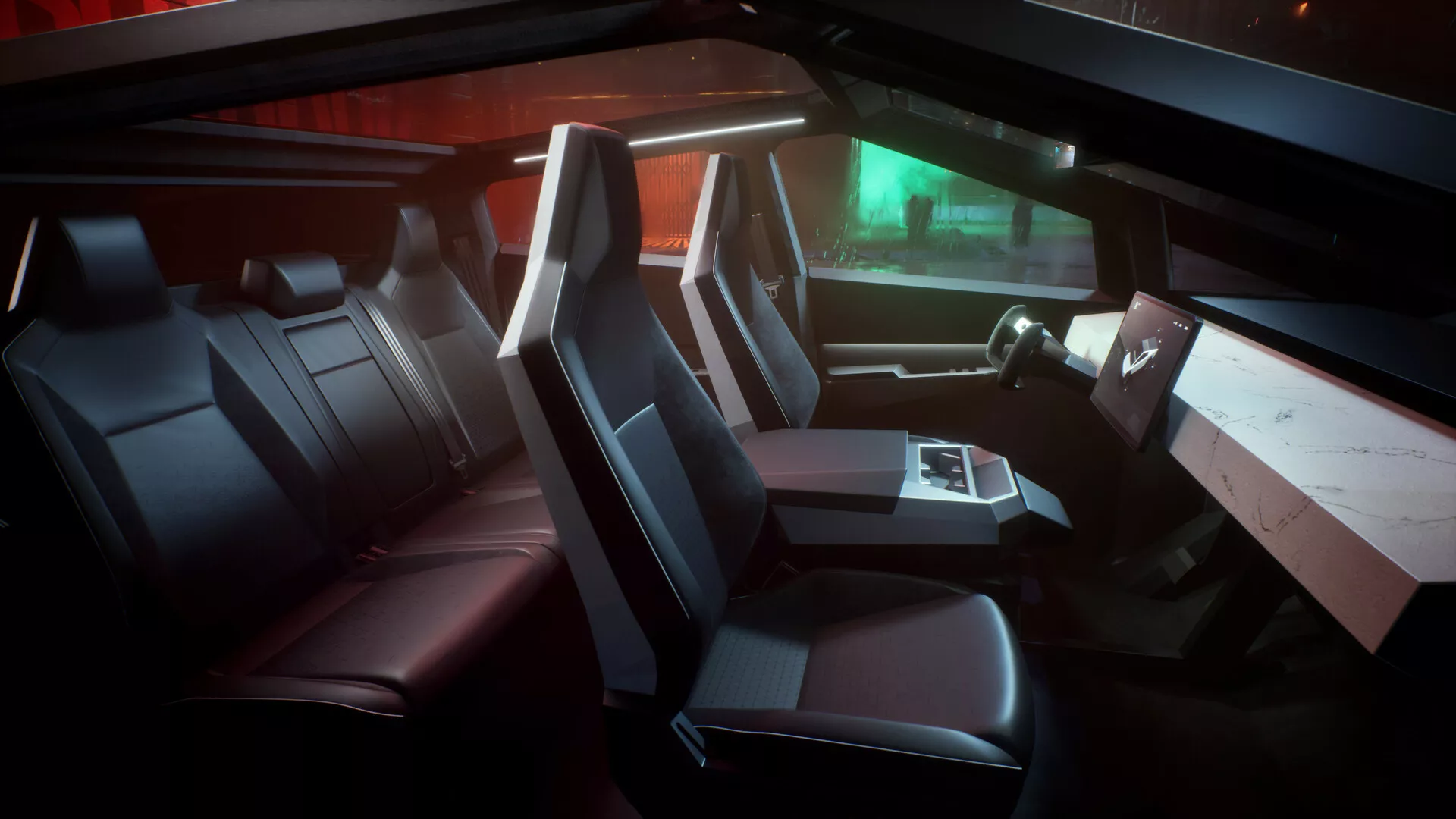 Vista interna del Tesla Cybertruck 2021 (1ª generazione) che mostra sedili di lusso con design sportivo, cruscotto panoramico con ampio display digitale, layout di controllo minimalista con interfaccia touchpad e illuminazione LED sottile che cattura l'atmosfera futuristica e high-tech del veicolo.