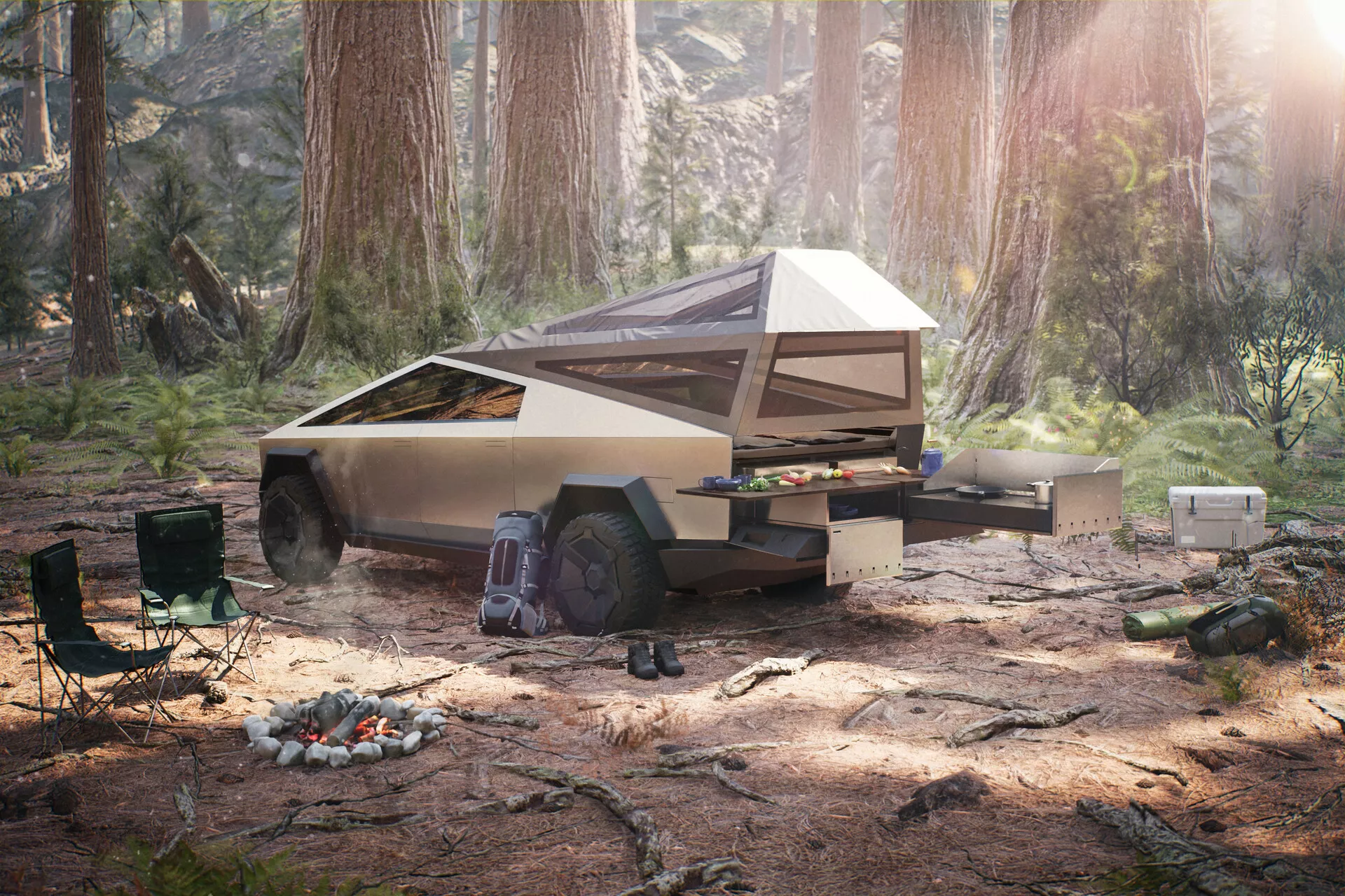 Tesla Cybertruck 2021 1a generazione è raffigurato in un'ambientazione forestale, con un design angolare distintivo e un cassone multifunzionale dotato di cucina mobile. La vista a tre quarti da un angolo basso mette in evidenza le robuste ruote capaci di percorsi off-road e le caratteristiche tecnologiche avanzate del veicolo, ideale per avventure all'aperto o lavori utilitari.