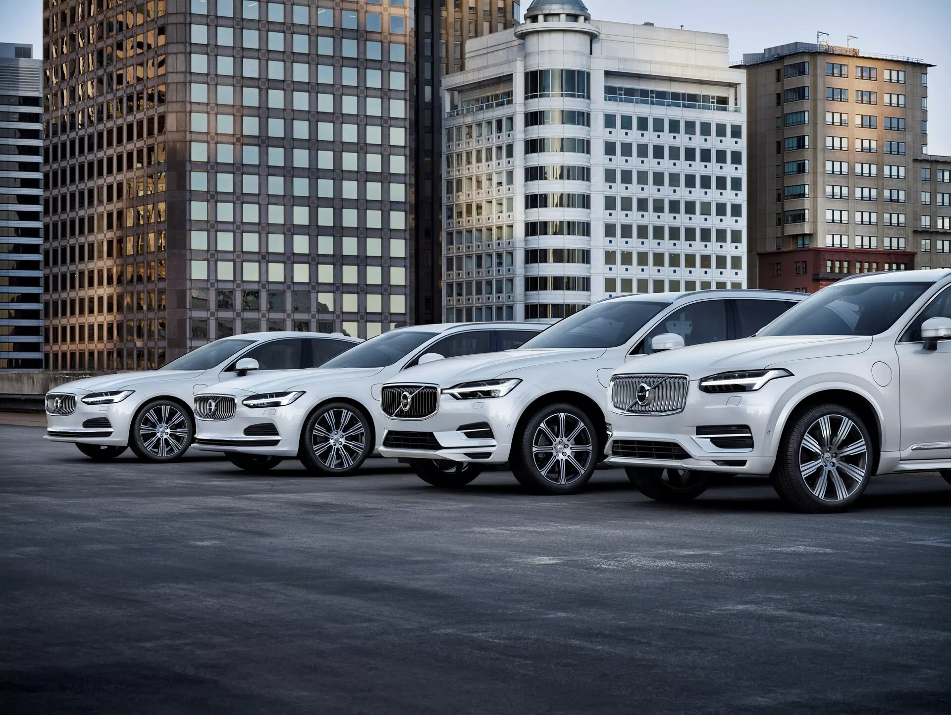 L'immagine mostra una fila di quattro lussuosi SUV Volvo XC90 di seconda generazione del 2015, inclinati con i profili anteriori rivolti verso destra. Posizionati in diagonale, la prospettiva mette in evidenza sia le viste anteriori che laterali dei veicoli. Le auto presentano griglie anteriori prominenti con il riconoscibile logo Volvo, fari a LED intricati, design dei cerchi in lega e linee di contorno sul cofano. Catturata da un angolo basso vicino al suolo, la fotografia enfatizza le dimensioni e la postura degli SUV, situati in uno scenario urbano con edifici per uffici. L'illuminazione è morbida, suggerendo una giornata nuvolosa o un ambiente urbano ben illuminato, mostrando chiaramente le ruote, i fari, i fari fendinebbia e le linee di design. Il veicolo più vicino mostra tecnologie di illuminazione avanzate e sensori della griglia anteriore probabilmente associati a guida autonoma o assistenza al parcheggio. Mentre le auto si allontanano, il loro stile identico indica che appartengono alla stessa famiglia di veicoli, rendendo questa immagine ideale per le categorie Automobilismo, Veicoli di Lusso, Tecnologie Avanzate dei Veicoli e Stile di Vita Urbano.