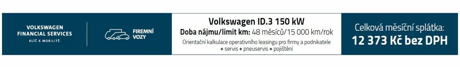 Banner pubblicitario per Volkswagen Financial Services che presenta Volkswagen ID.3 con potenza di 150 kW, offerte di pagamento mensili e dettagli finanziari